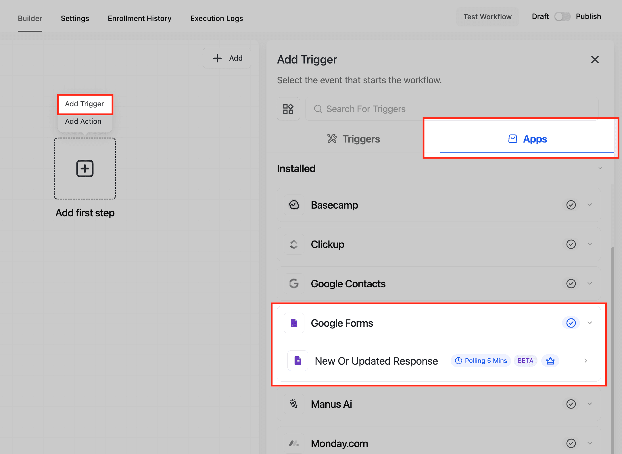 Schermata 3 — Google Forms - Azioni e Trigger nei Workflow