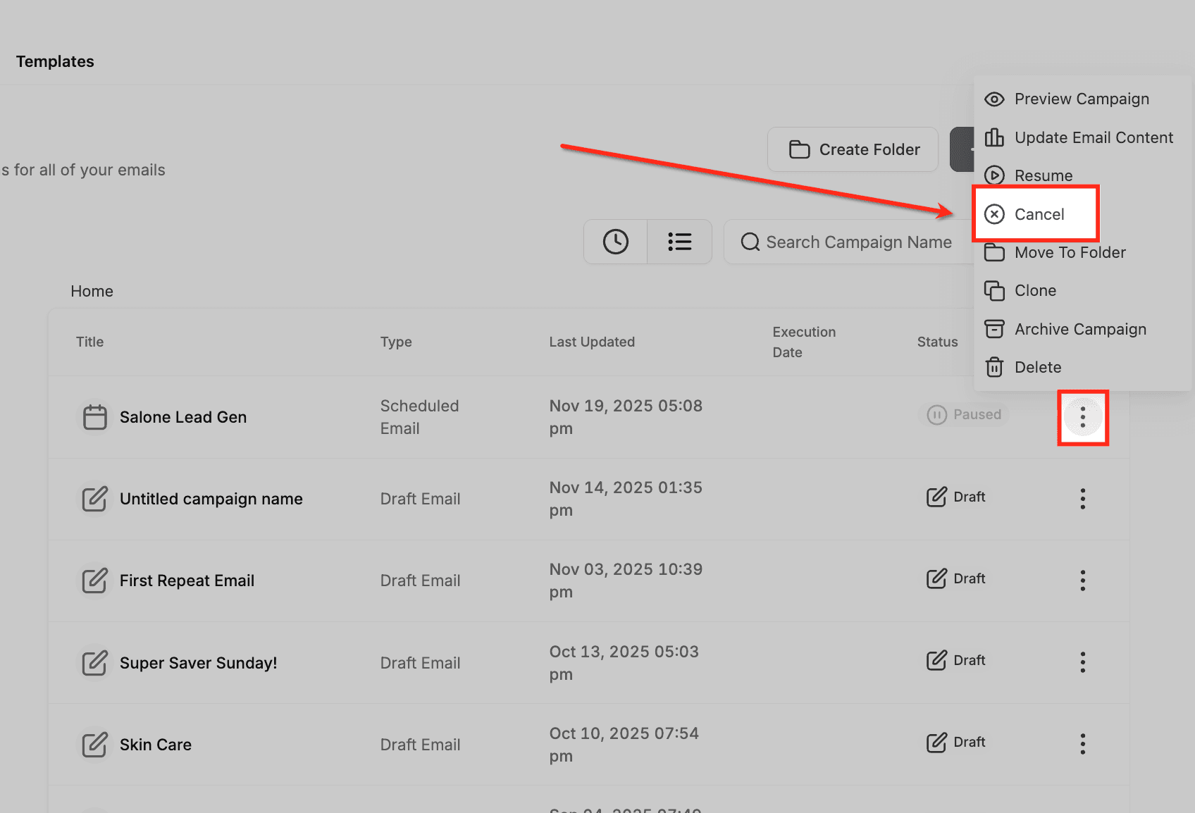 Schermata 6 — Come mettere in pausa o annullare una Campaign email pianificata