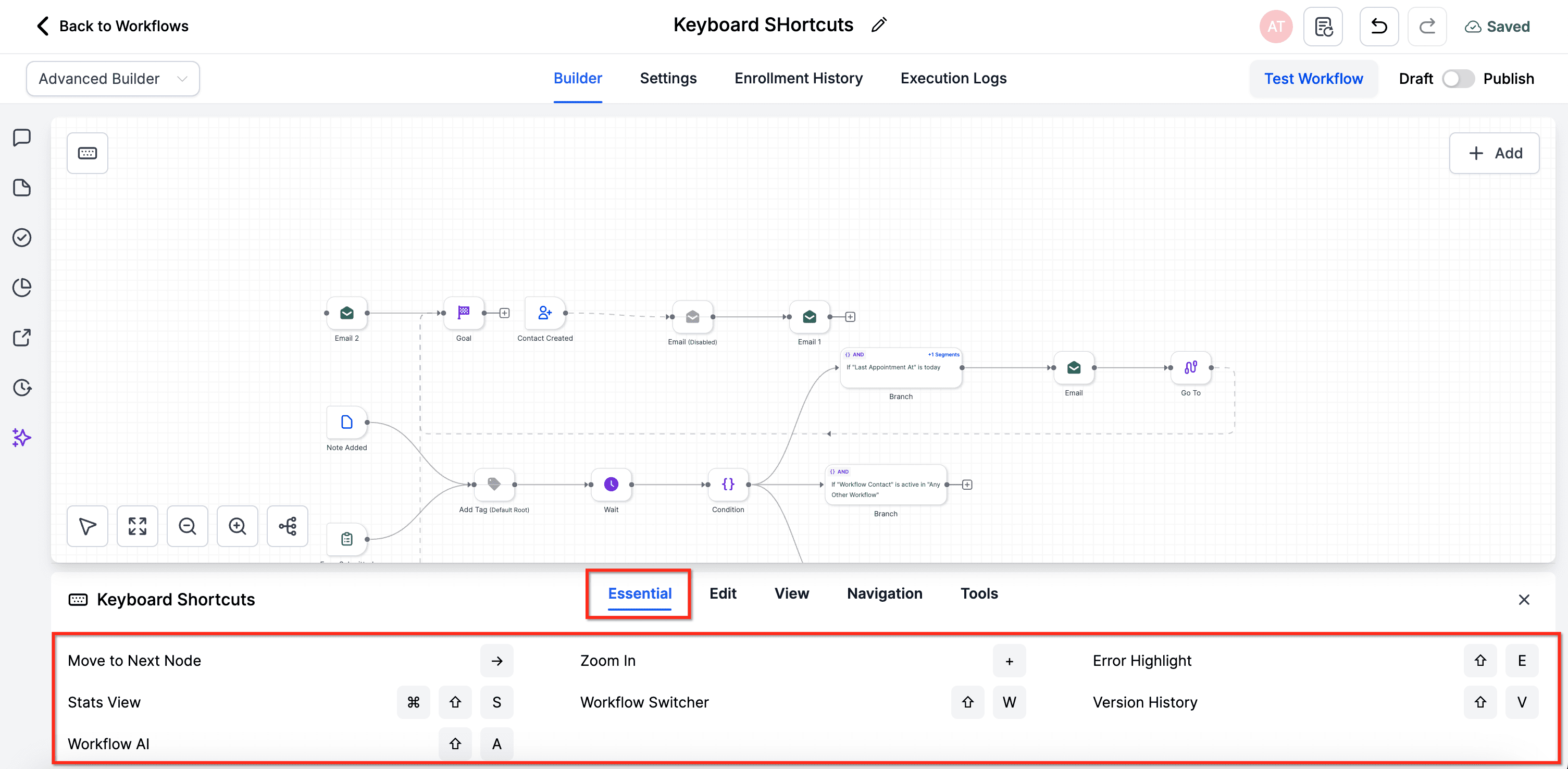 Schermata 5 — Scorciatoie da Tastiera nel Workflow Builder