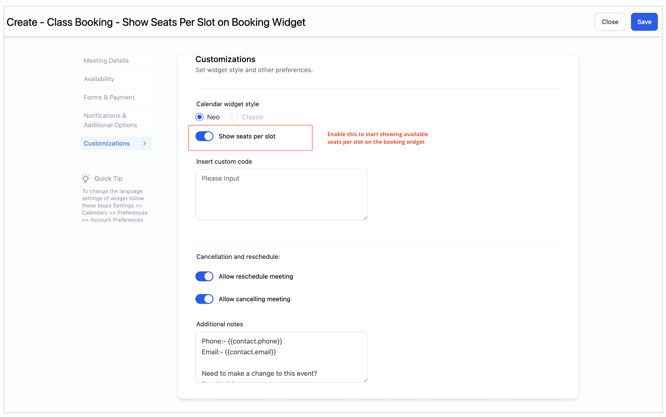 Schermata 2 — Mostrare i posti disponibili per slot nelle prenotazioni di classe sul widget di prenotazione