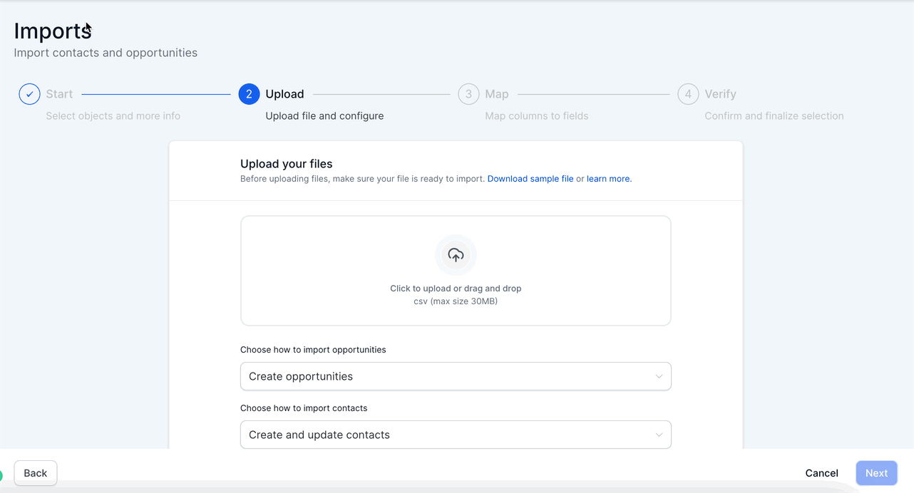 Schermata 4 — Importazione di Contatti e Opportunità tramite CSV