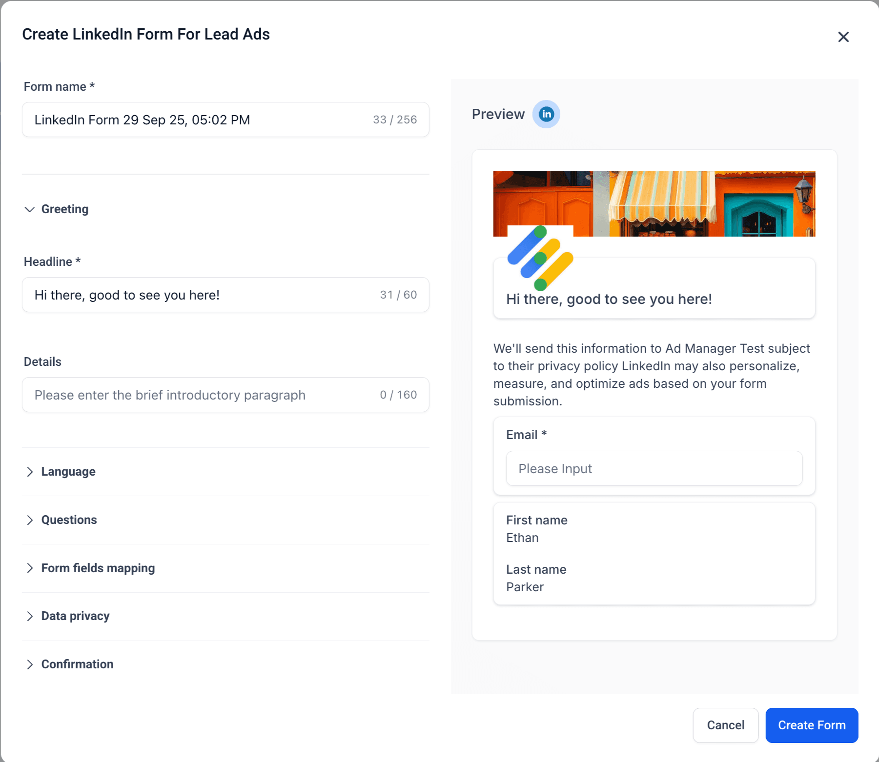 Schermata 2 — Come creare un LinkedIn lead form in Ad Manager