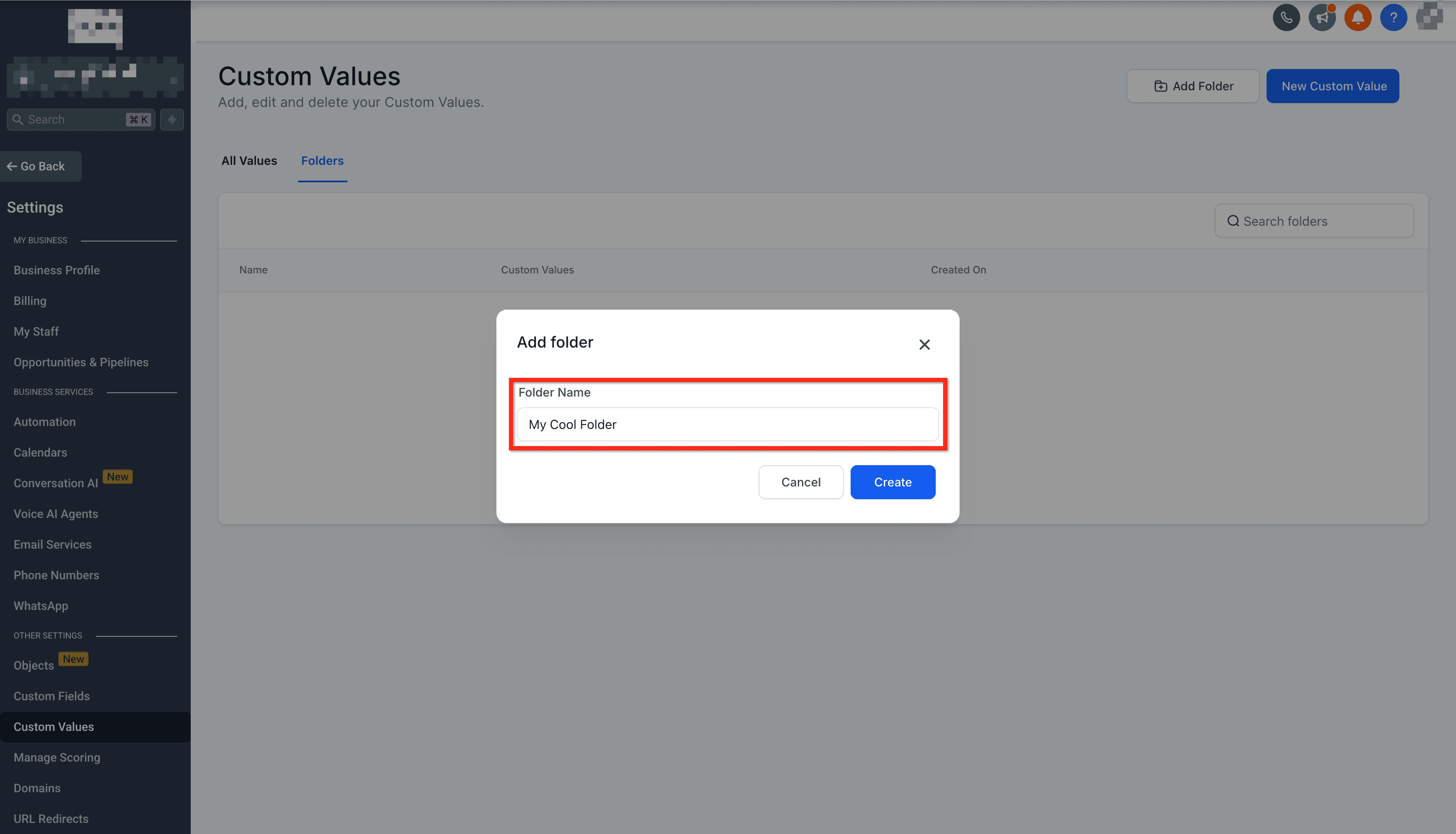 Schermata 7 — Impostazioni Custom Values