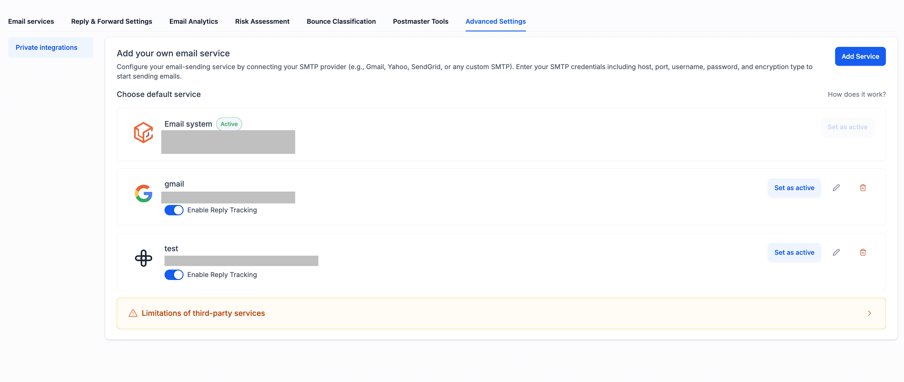 Clicca su Add Service per aprire il popup di configurazione SMTP