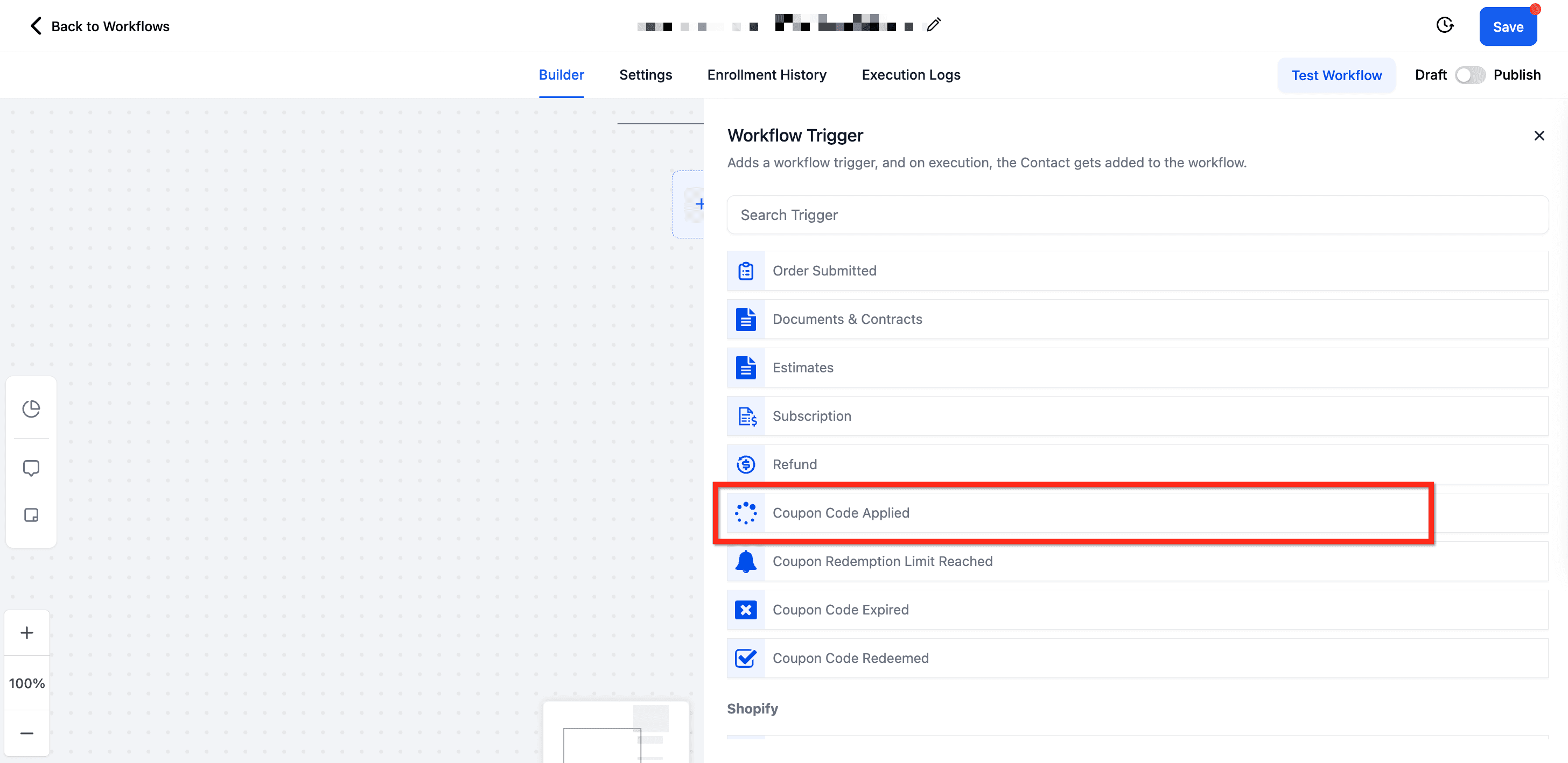 Schermata 2 — Trigger Workflow - Codice Coupon Applicato