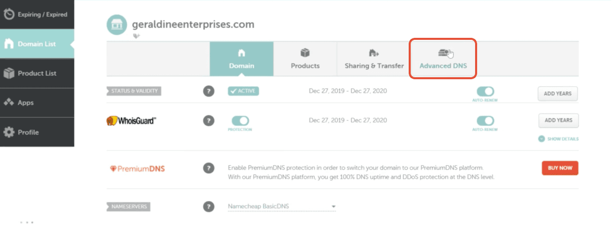 Scheda Advanced DNS di Namecheap