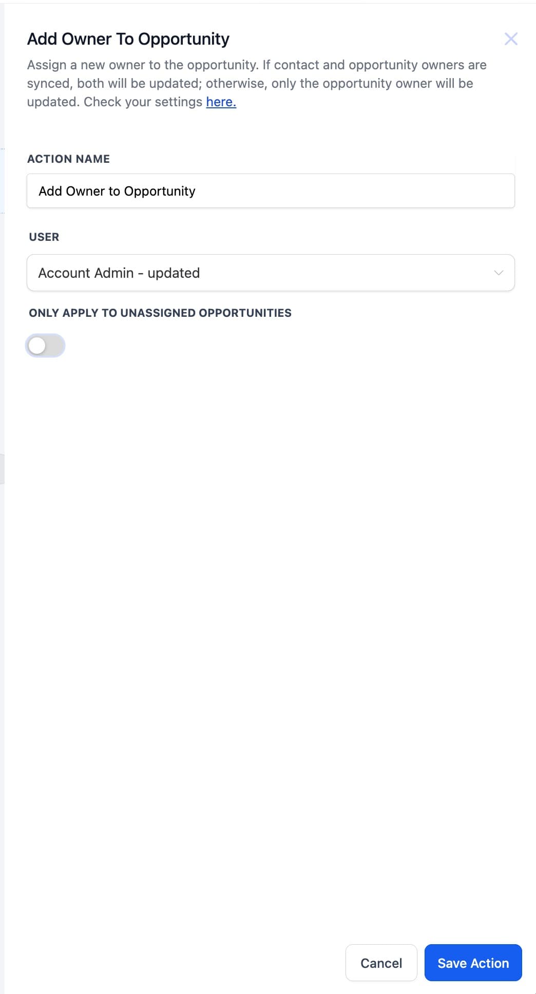 Schermata 1 — Azione Workflow - Aggiungi Proprietario all'Opportunità