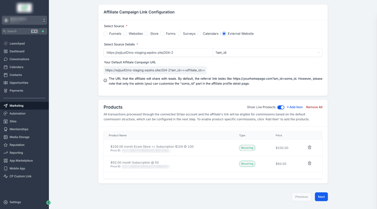 Schermata 2 — Affiliate Manager: Supporto Siti Web Esterni