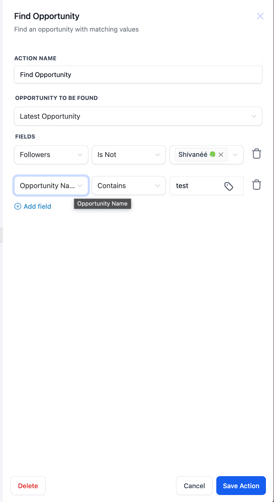 Schermata 1 — Workflow Action - Find Opportunity