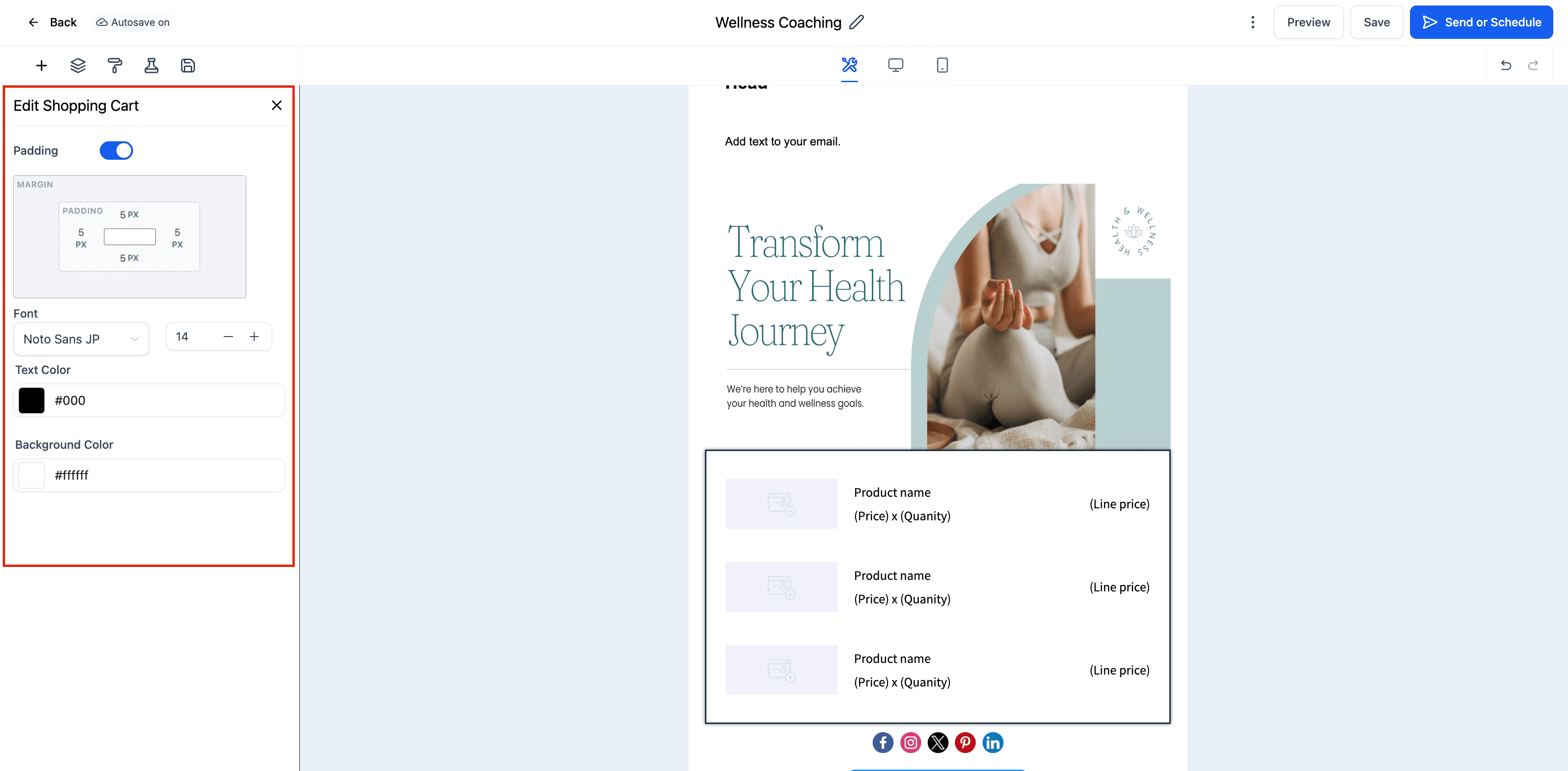 Schermata 4 — Elemento Carrello della Spesa nell'Email Builder
