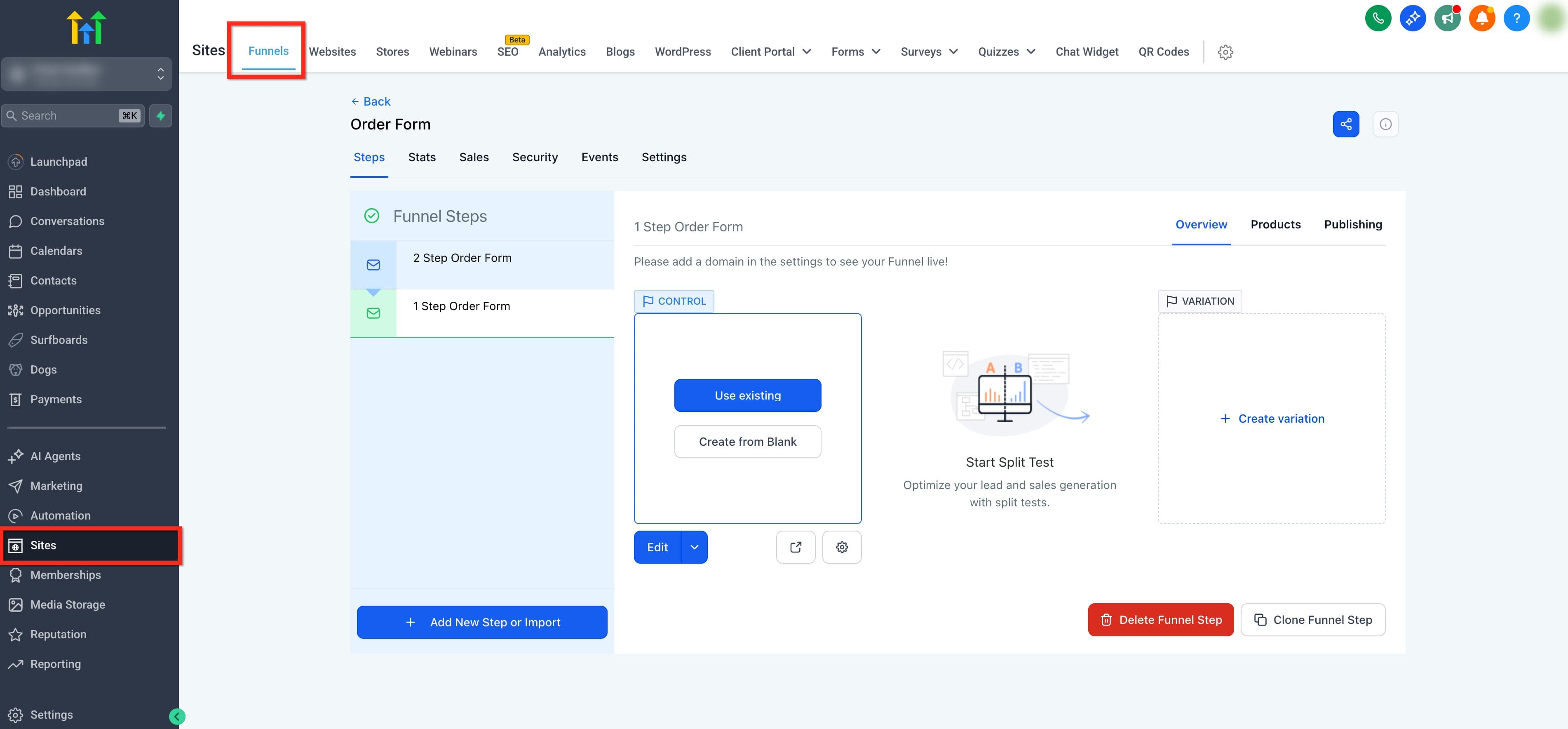Schermata 6 — Come aggiungere un modulo d'ordine in un unico step a un Funnel