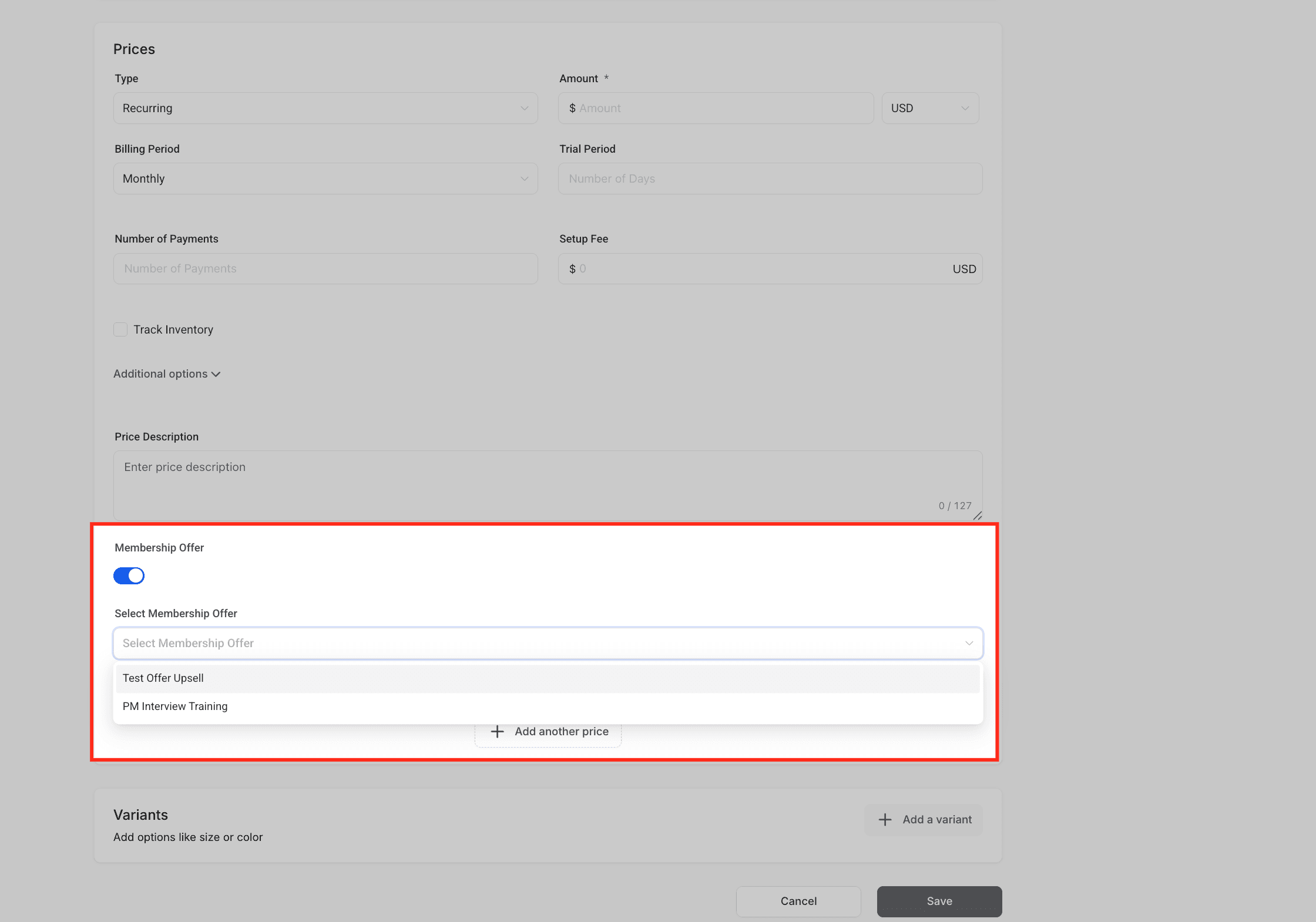 Schermata 6 — Come creare un prodotto e collegarlo a un'offerta di corso Membership