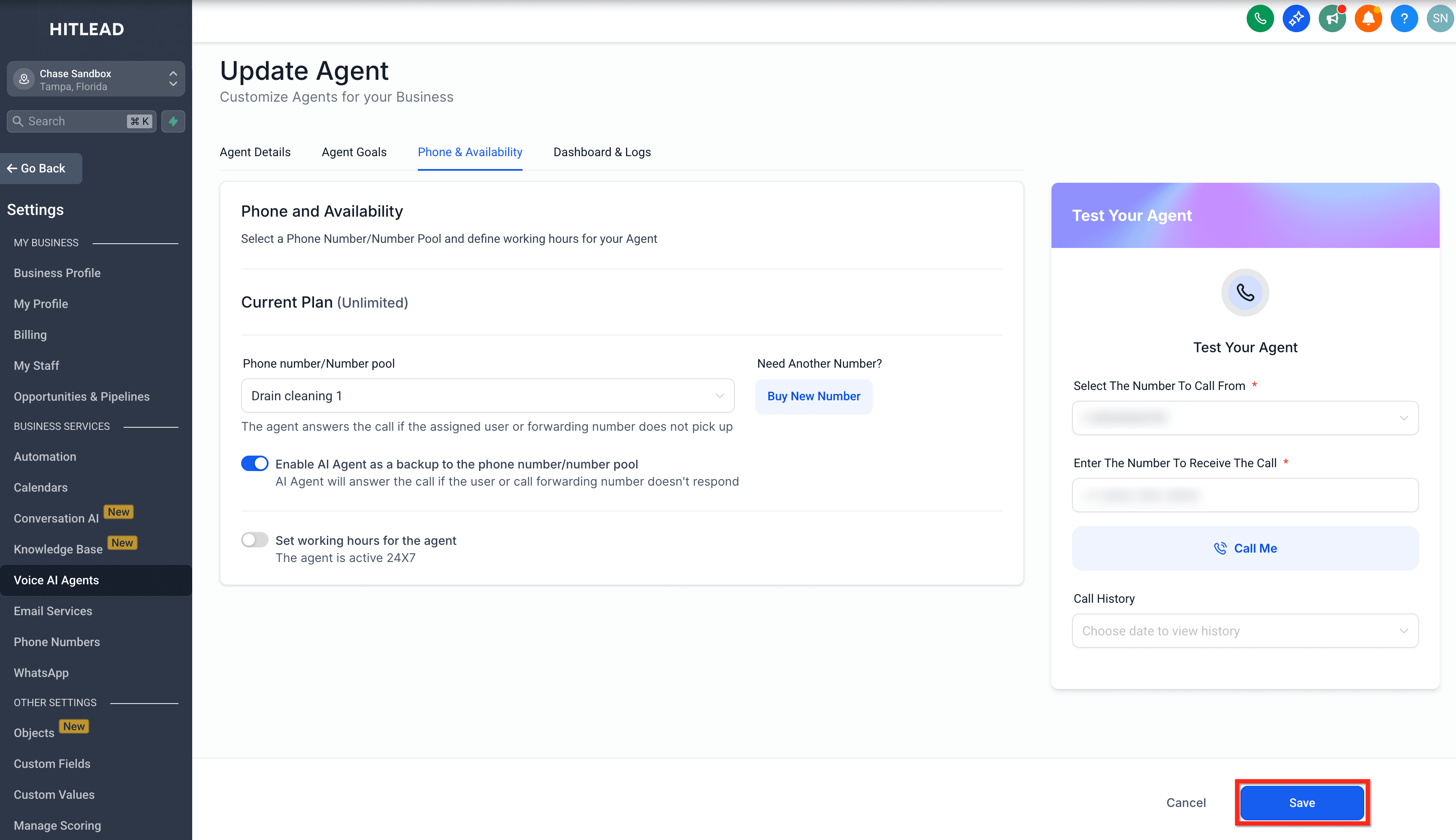 Schermata 6 — Supporto Number Pool negli Agenti Voice AI