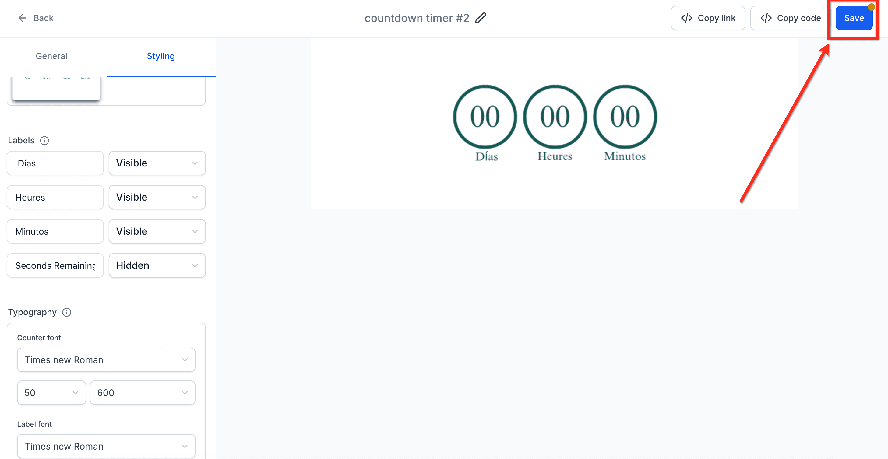 Schermata 7 — Aggiornamento etichette Countdown Timer