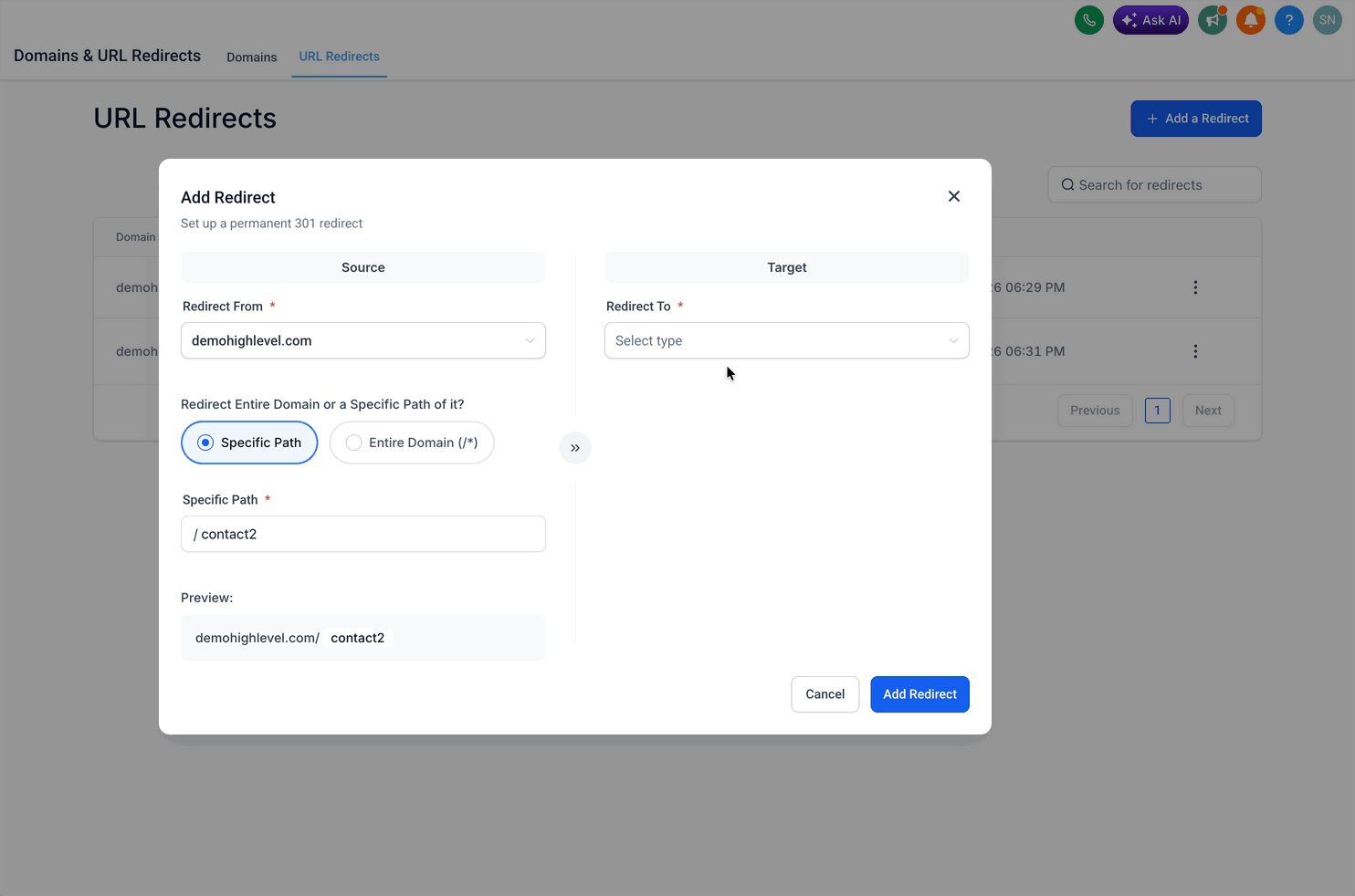 Schermata 7 — Come configurare i redirect URL 301