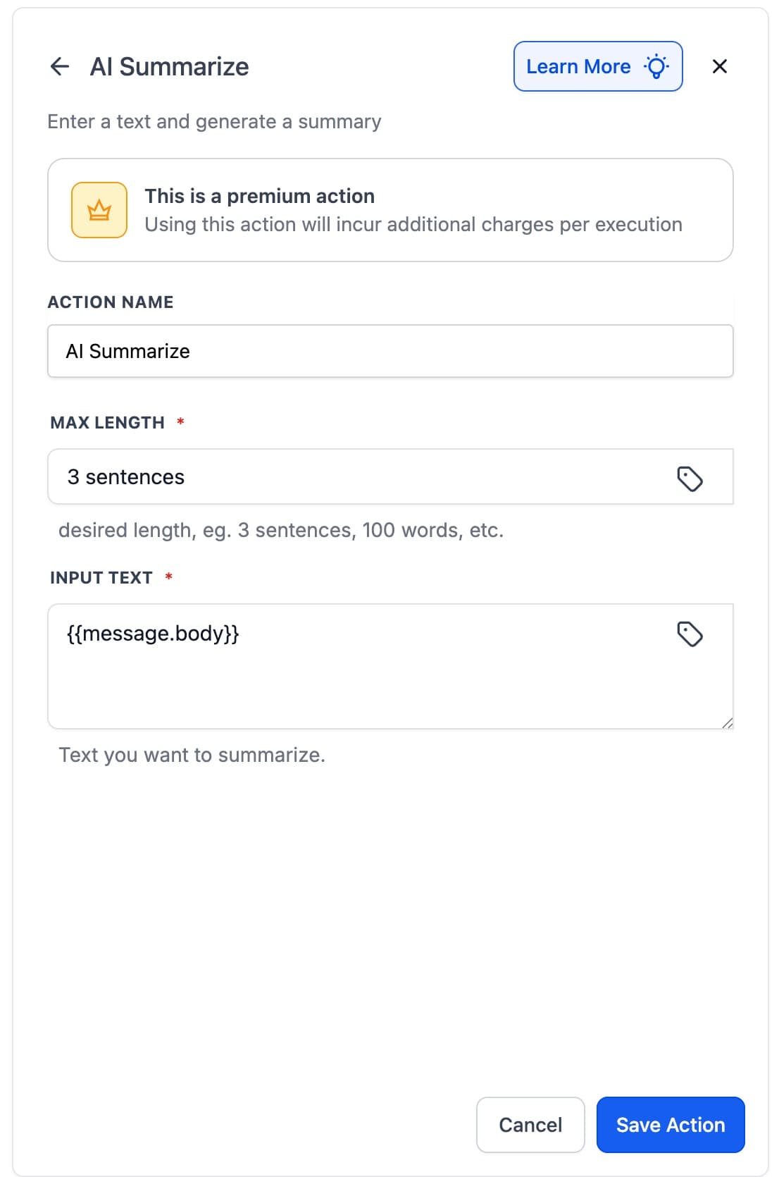Schermata 2 — Azione Workflow - AI Summarize