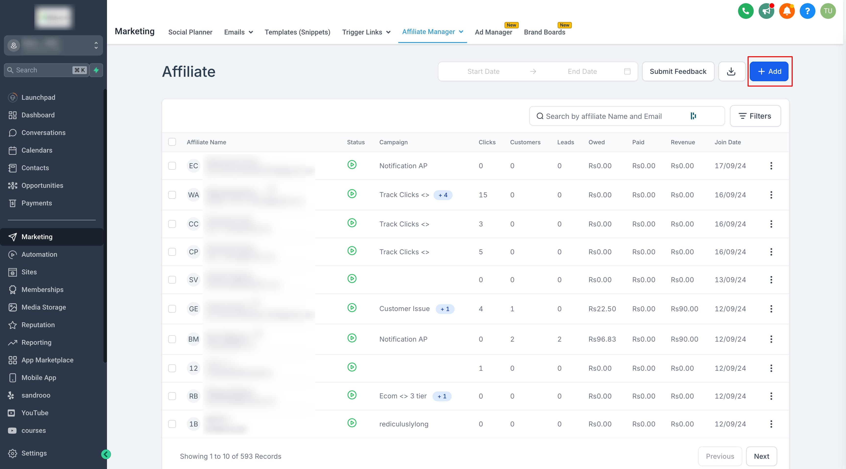 Schermata 3 — Come aggiungere affiliati nell'Affiliate Manager