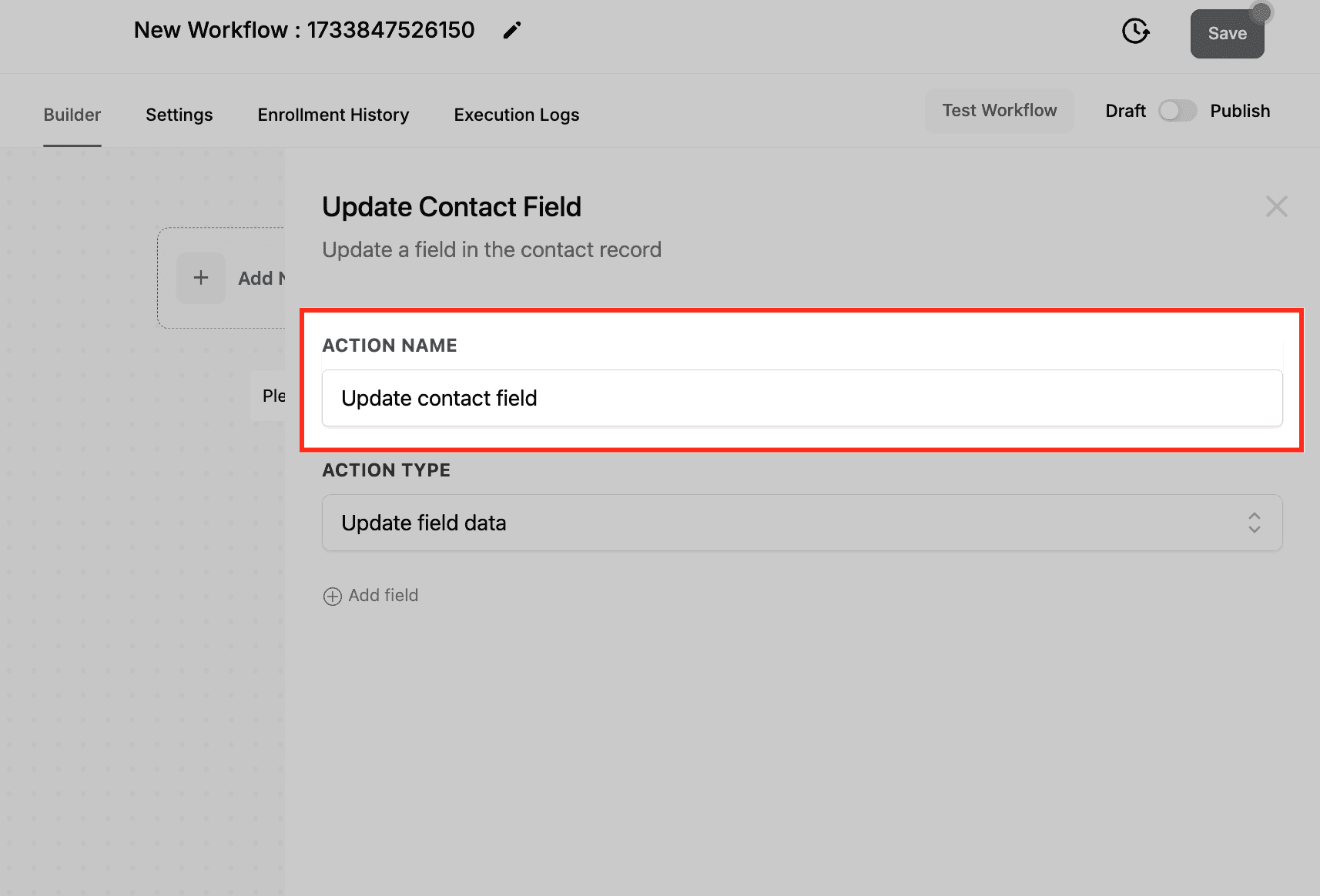 Schermata 4 — Azione Workflow - Aggiorna Campo Contatto