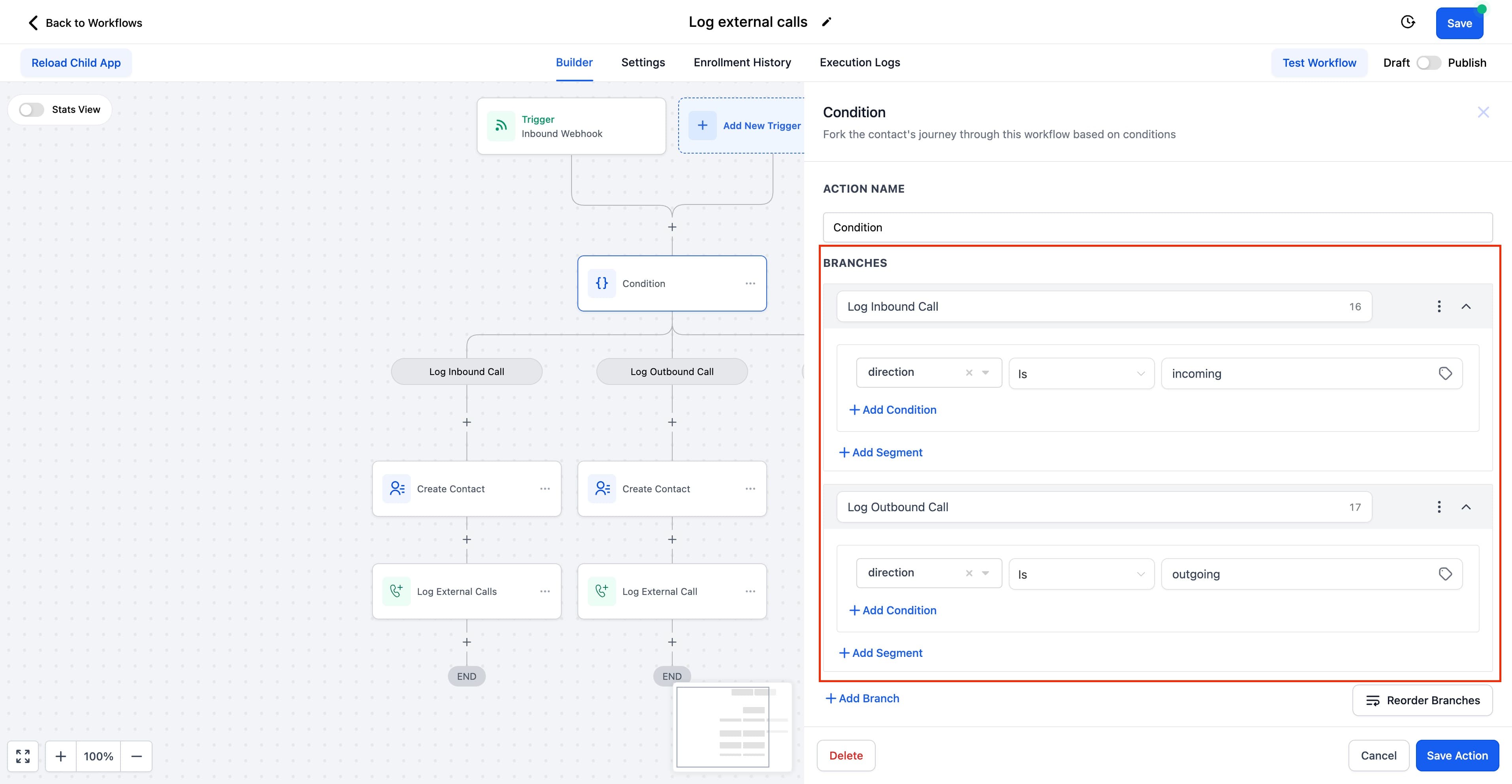 Schermata 1 — Azioni Workflow - Registra Chiamata Esterna