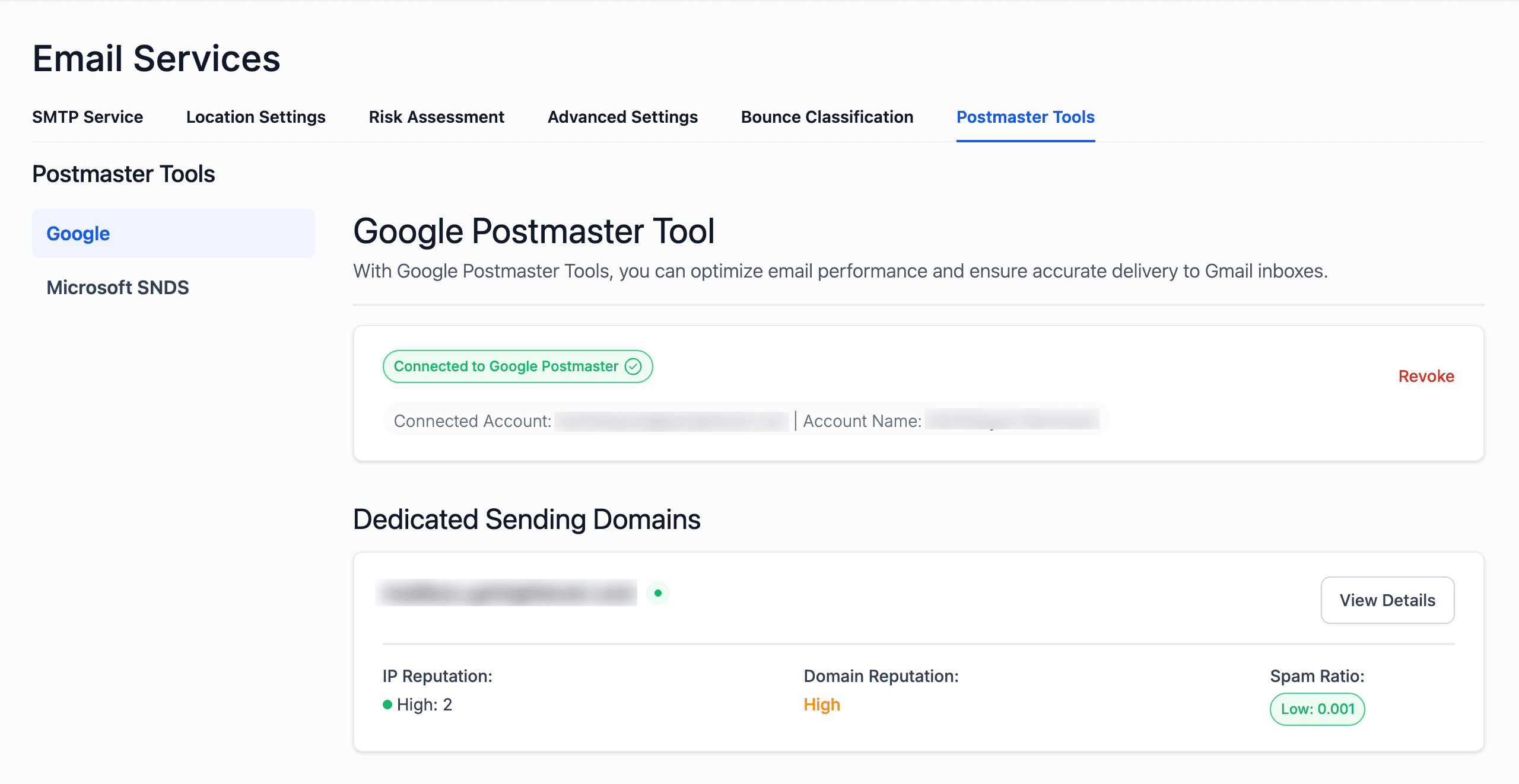 Dashboard connessa con le metriche Postmaster per i tuoi domini di invio dedicati