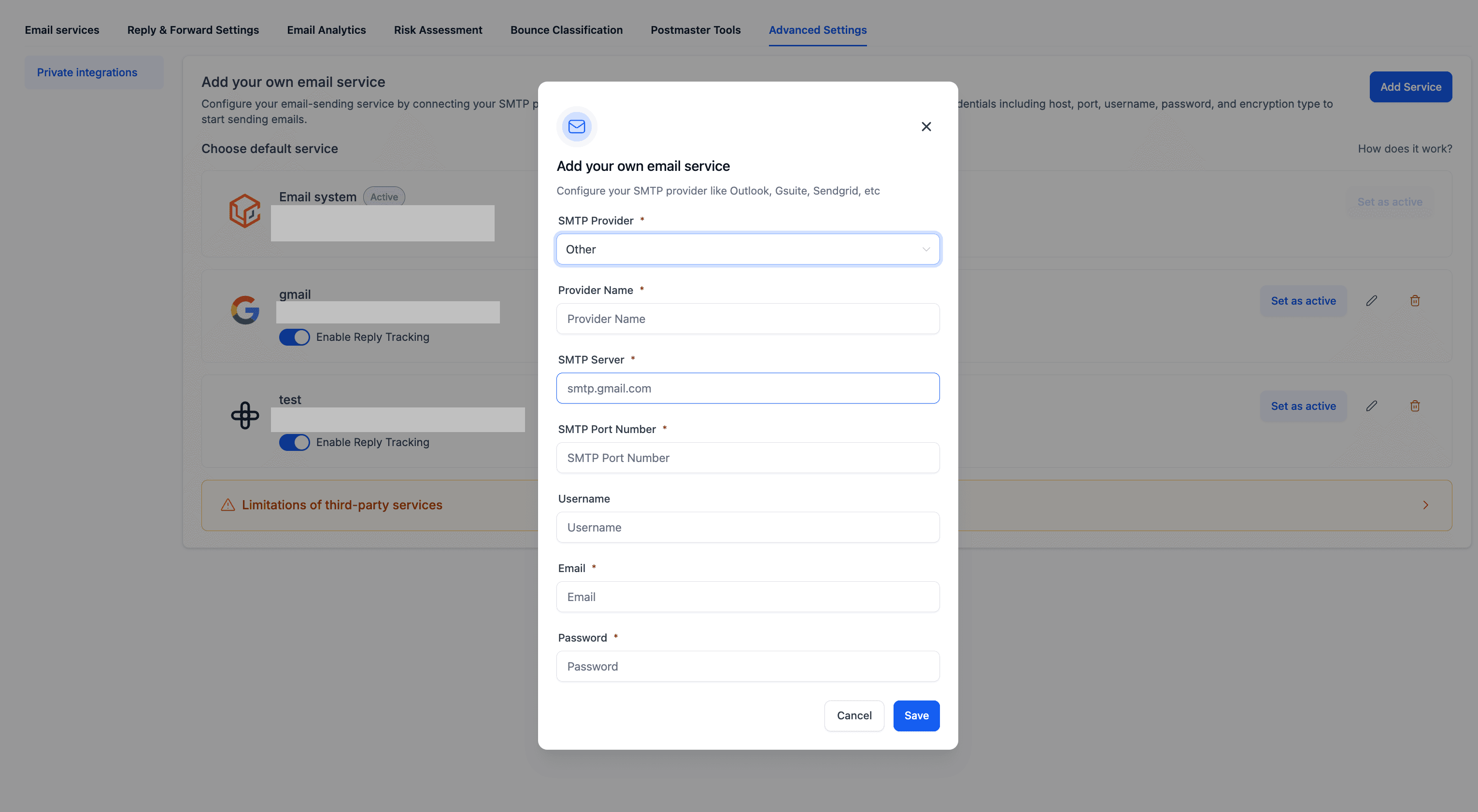 Inserisci le tue credenziali SMTP