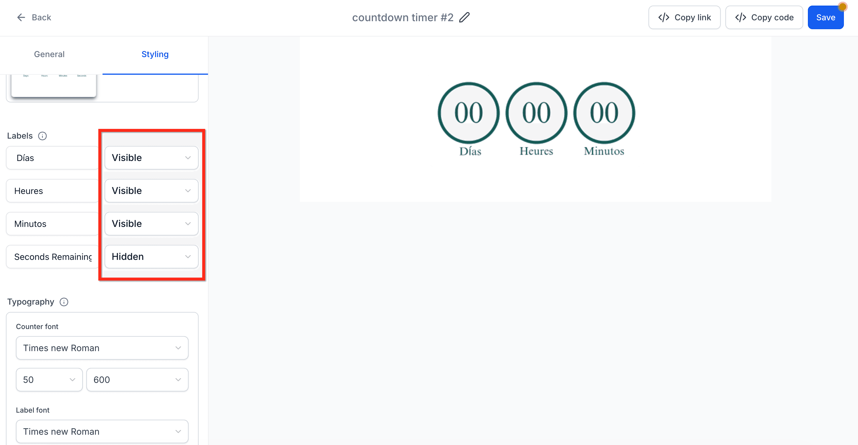 Schermata 5 — Aggiornamento etichette Countdown Timer