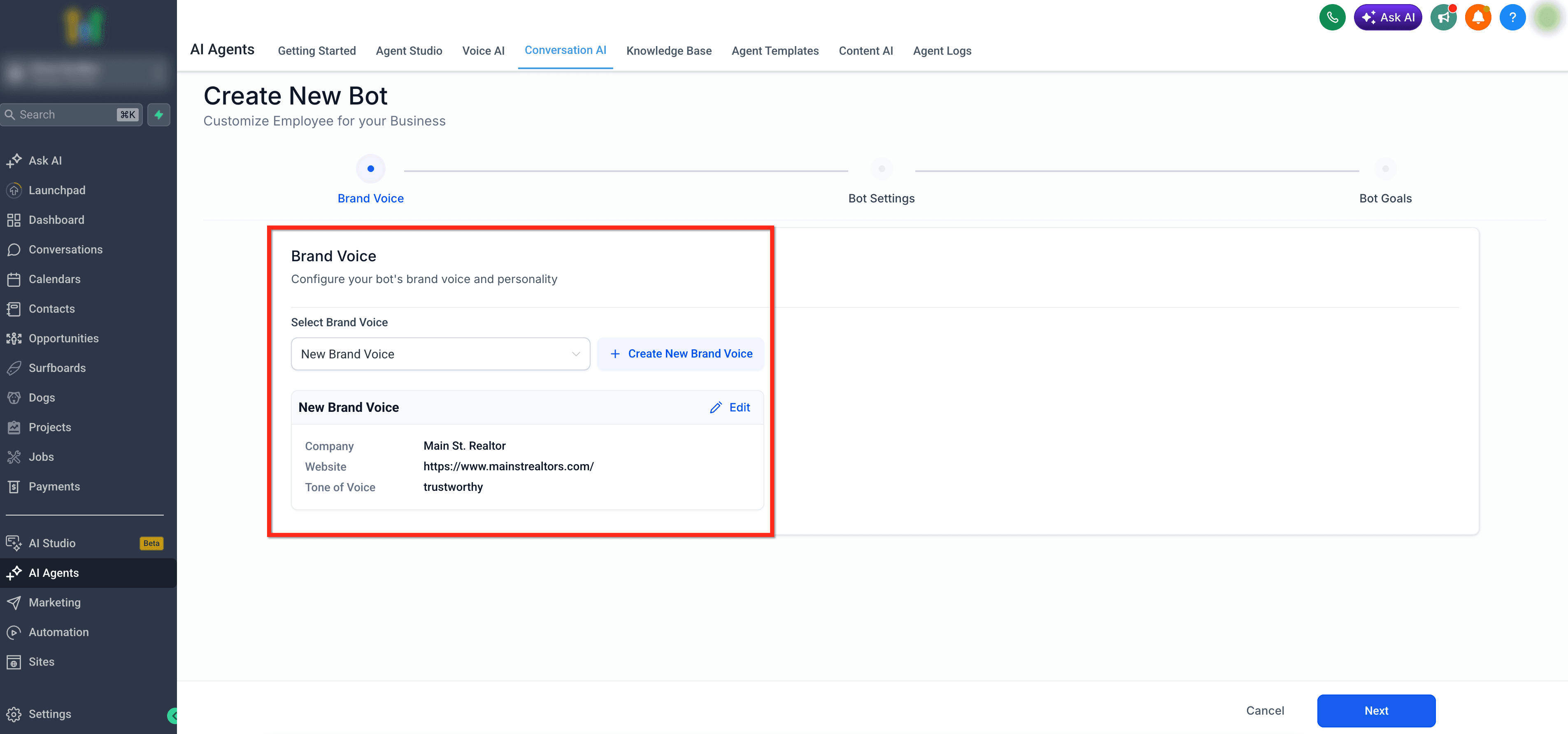 Schermata 4 — Configurazione Guidata tramite Form per Conversation AI