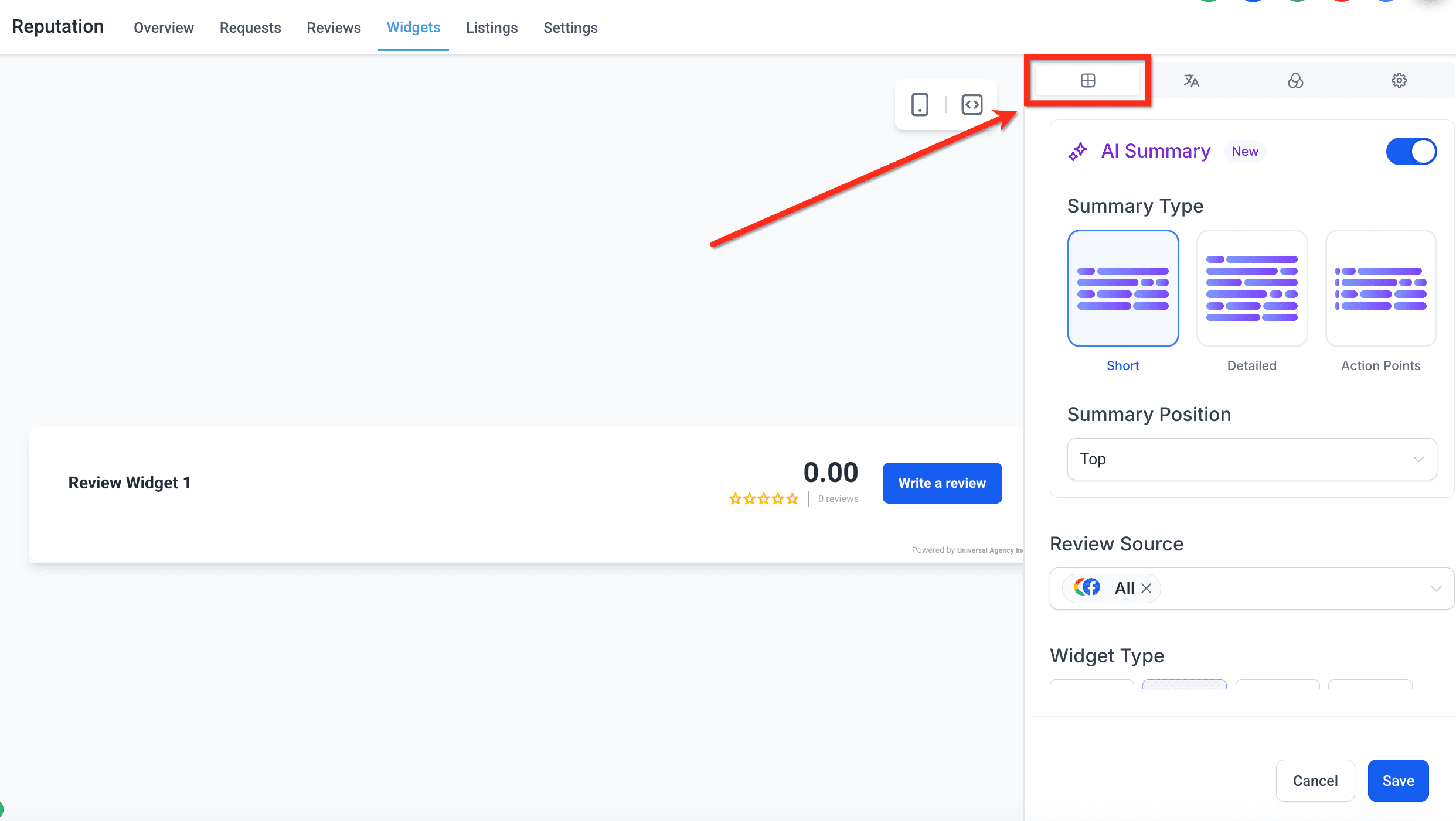 Schermata 4 — Personalizzare i Widget Recensioni nella Reputazione