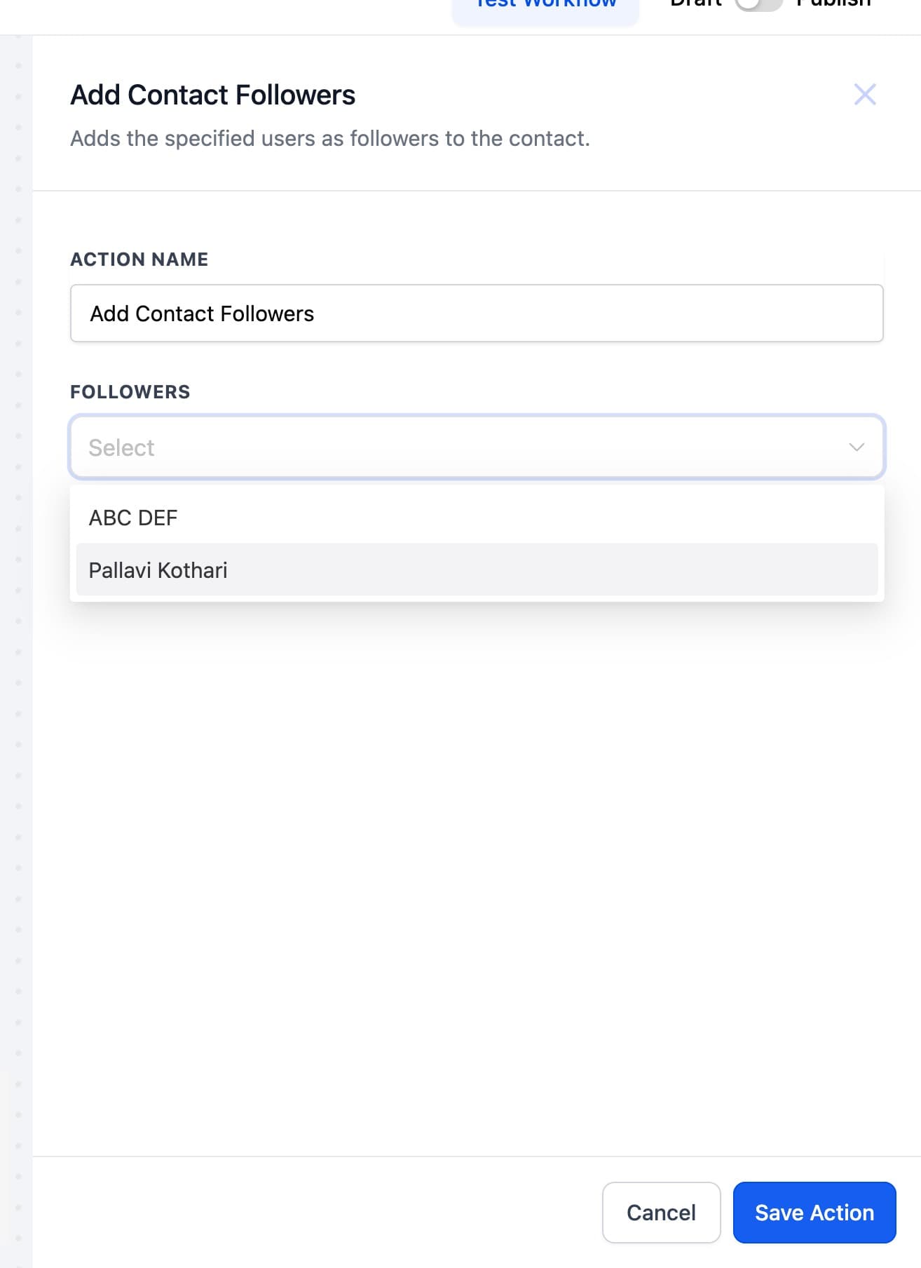 Schermata 2 — Azioni Workflow - Aggiungi Follower al Contatto
