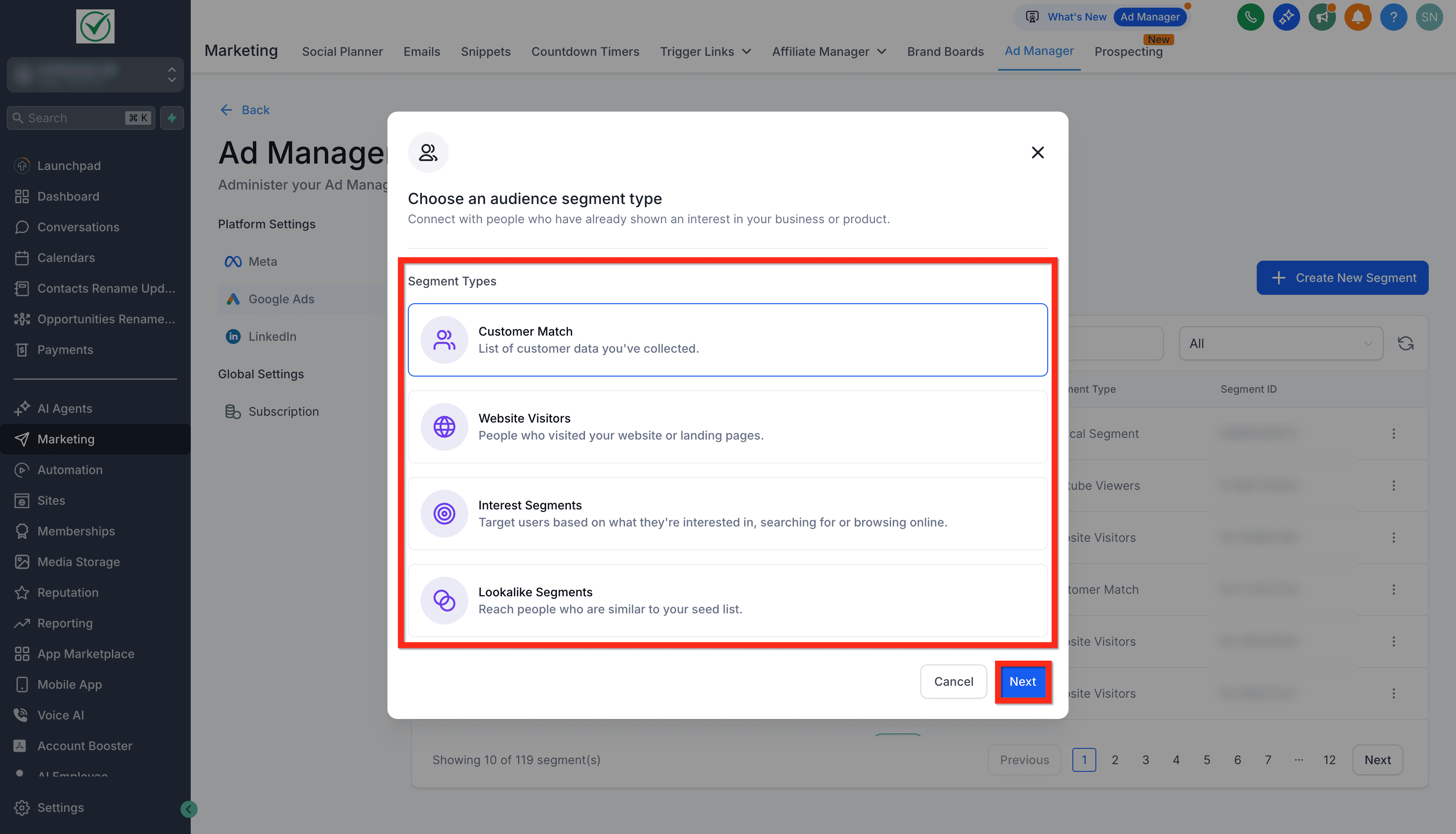 Schermata 5 — Ads Manager - Audience Segments per Google Ads