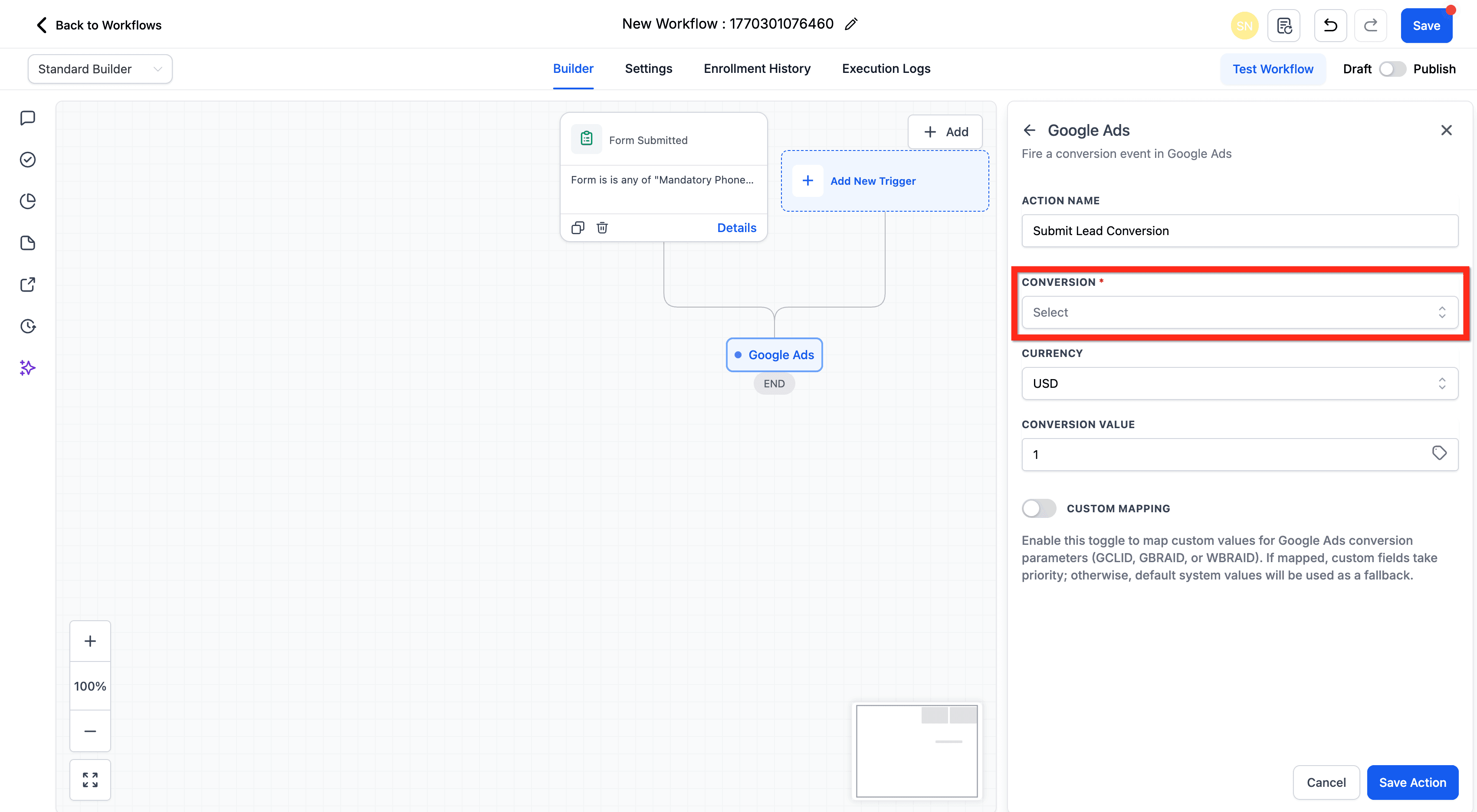 Schermata 6 — Azione Workflow - Aggiungi a Google Ads