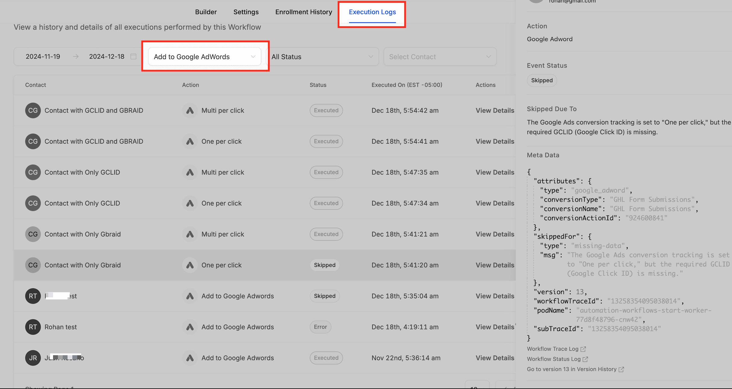 Schermata 11 — Azione Workflow - Aggiungi a Google Ads