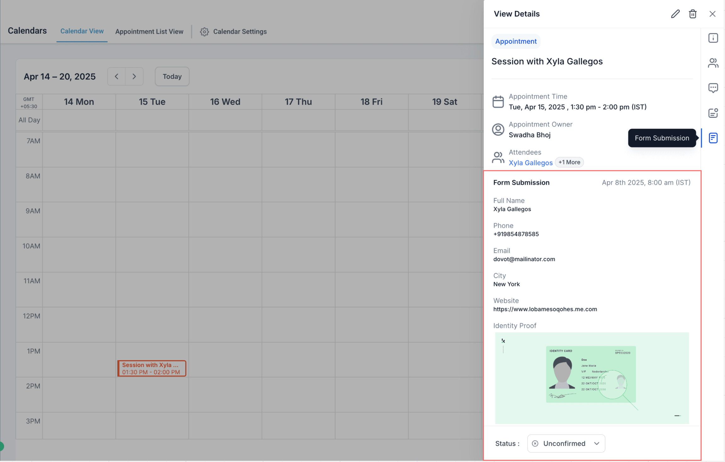 Schermata 1 — Visualizzare le risposte ai Form personalizzati (Pannello laterale appuntamento)