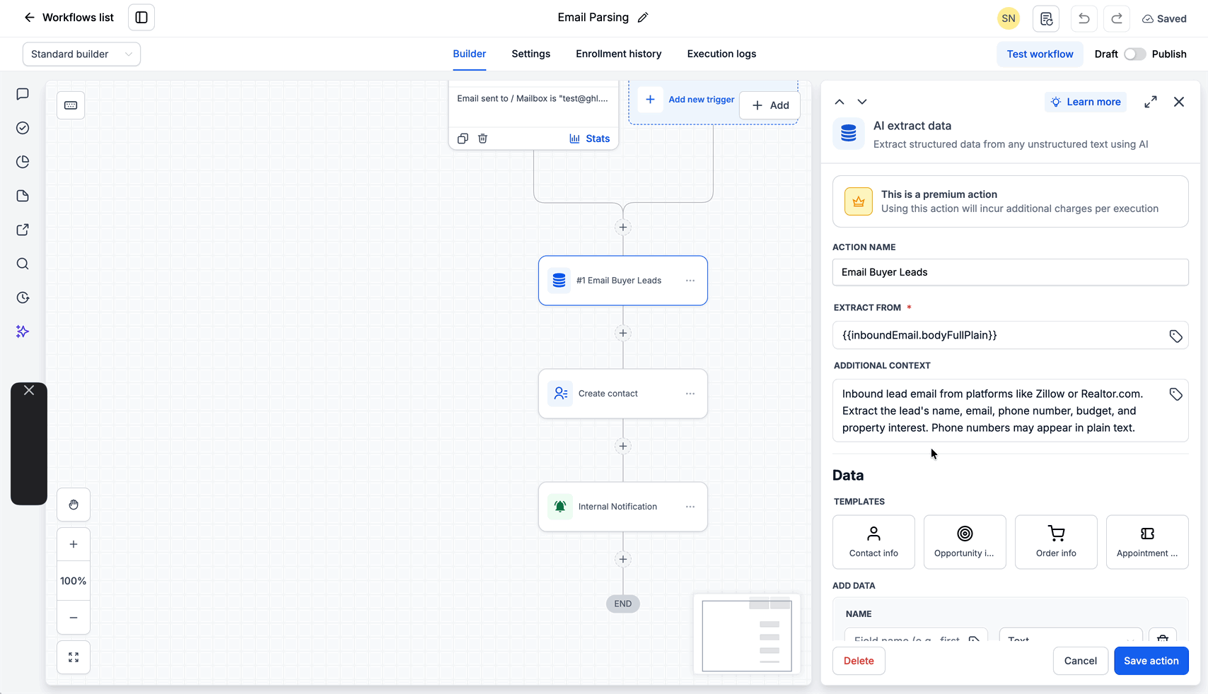 Schermata 8 — Come fare il parsing delle email con l'azione AI Extract Data