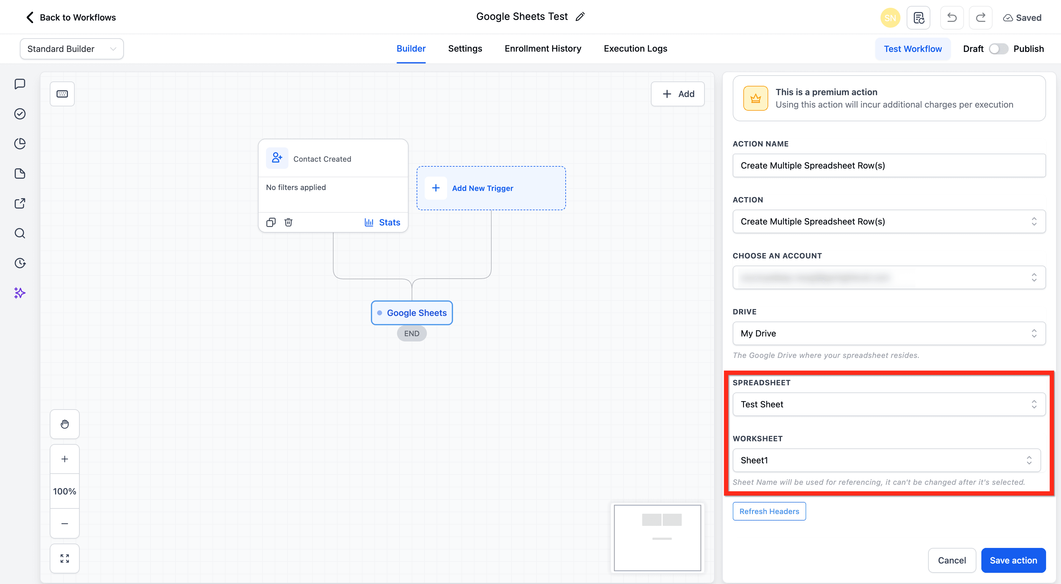 Schermata 7 — Workflow Action - Crea e Aggiorna Più Righe in Google Sheets