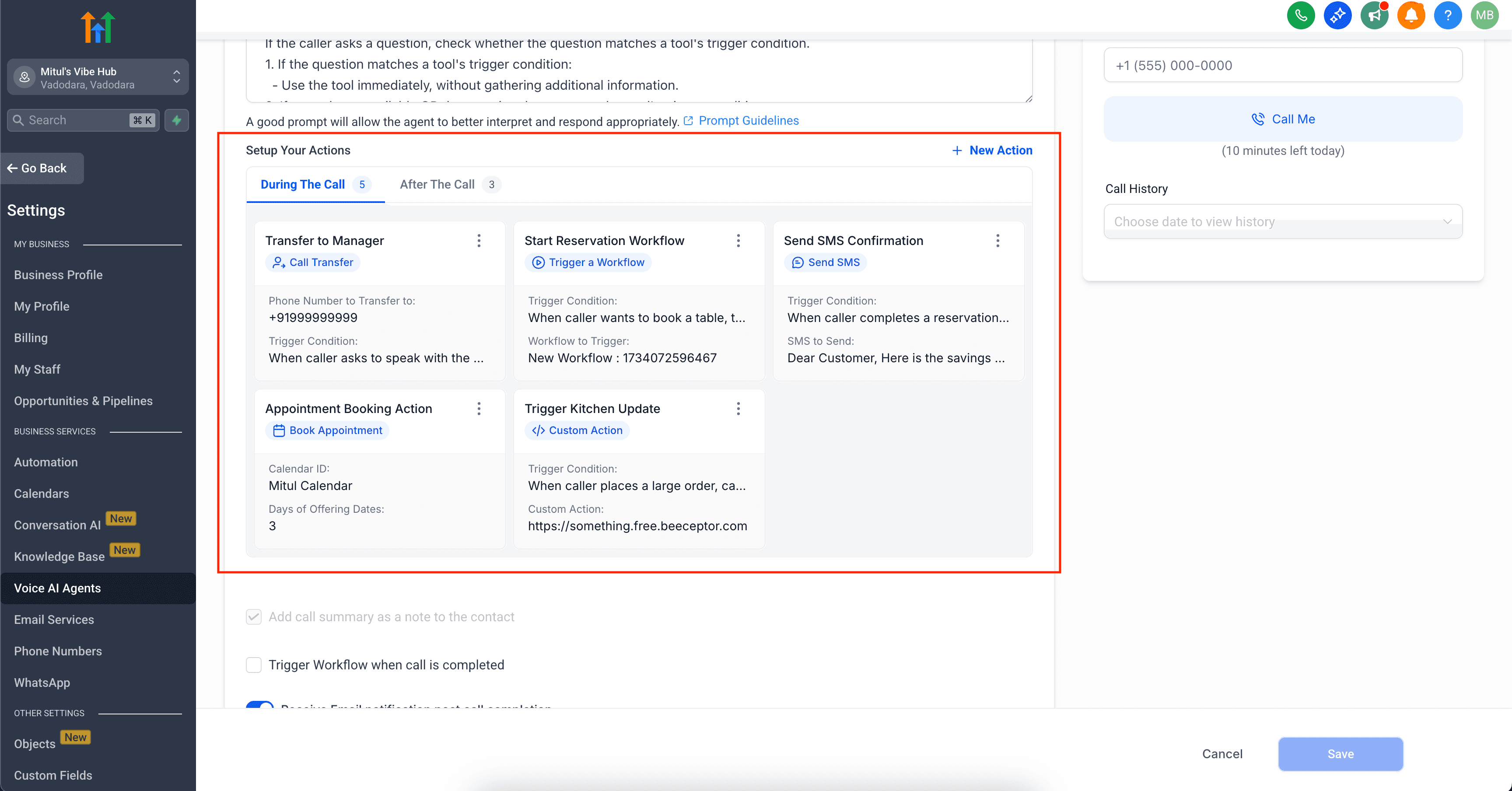 Schermata 1 — Azioni Durante e Dopo la Chiamata in Voice AI