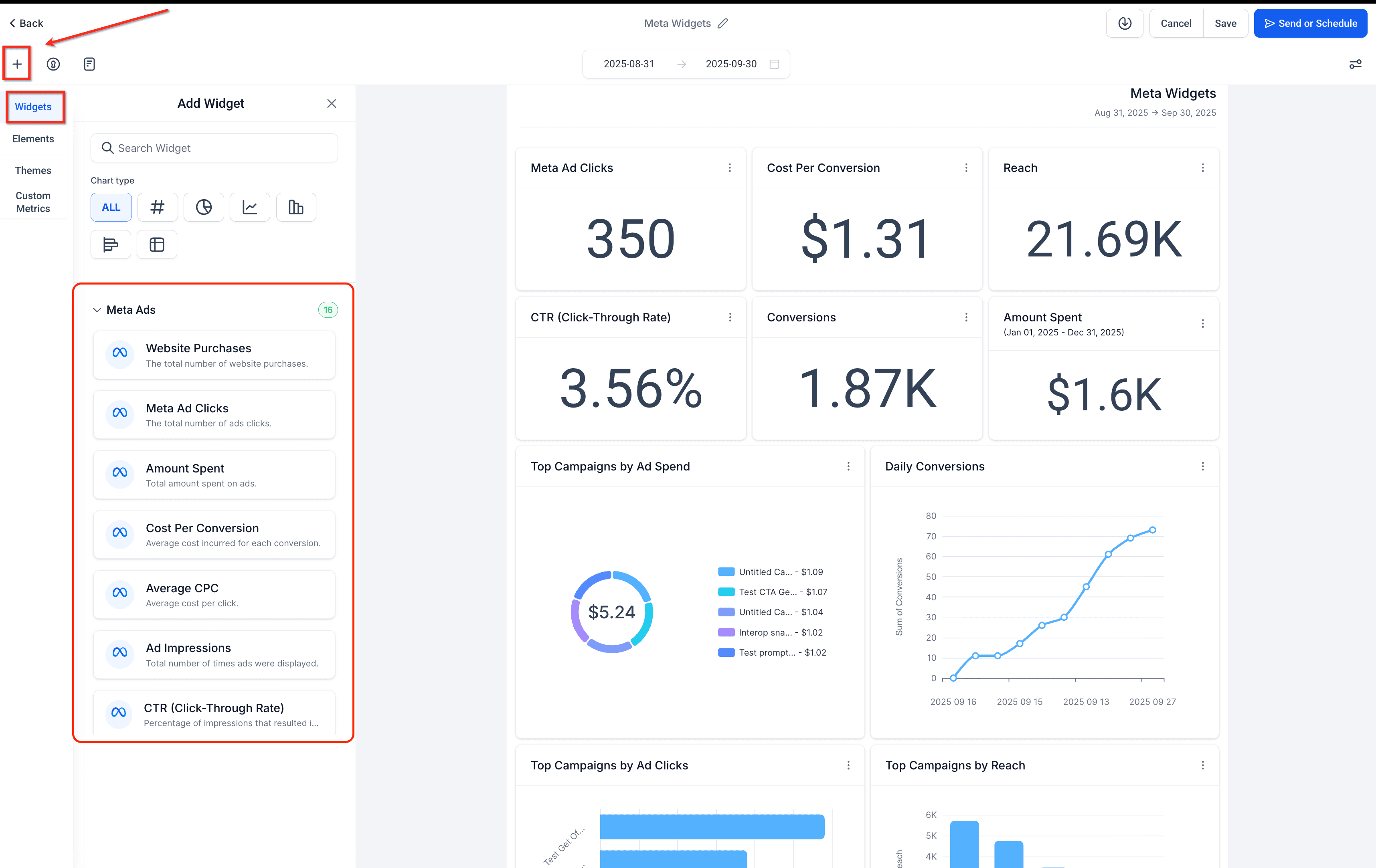 Schermata 7 — Dashboard: Meta Ad Widget e Insights