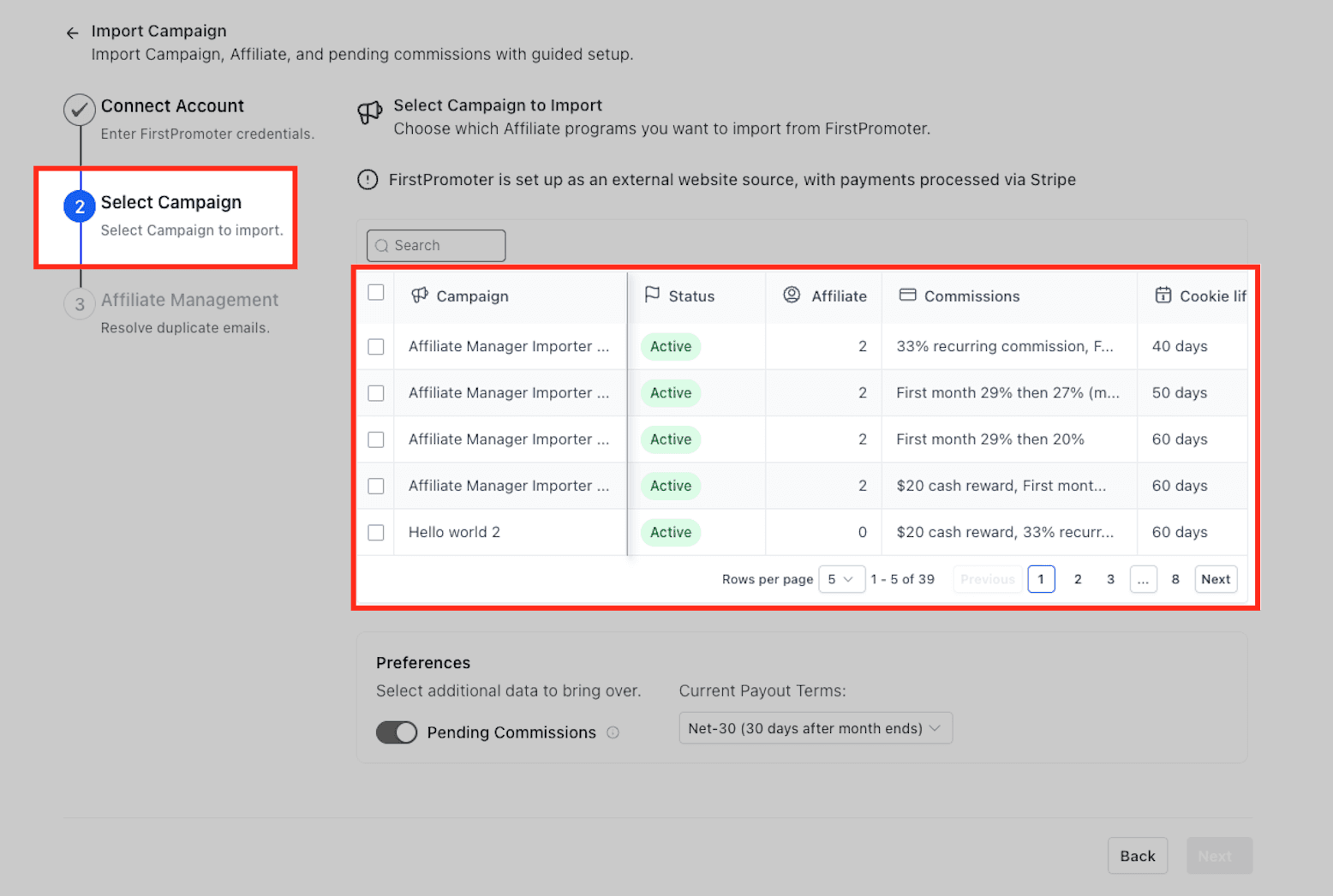 Schermata 3 — Affiliate Manager: Importa Campagne, Affiliati e Commissioni da FirstPromoter
