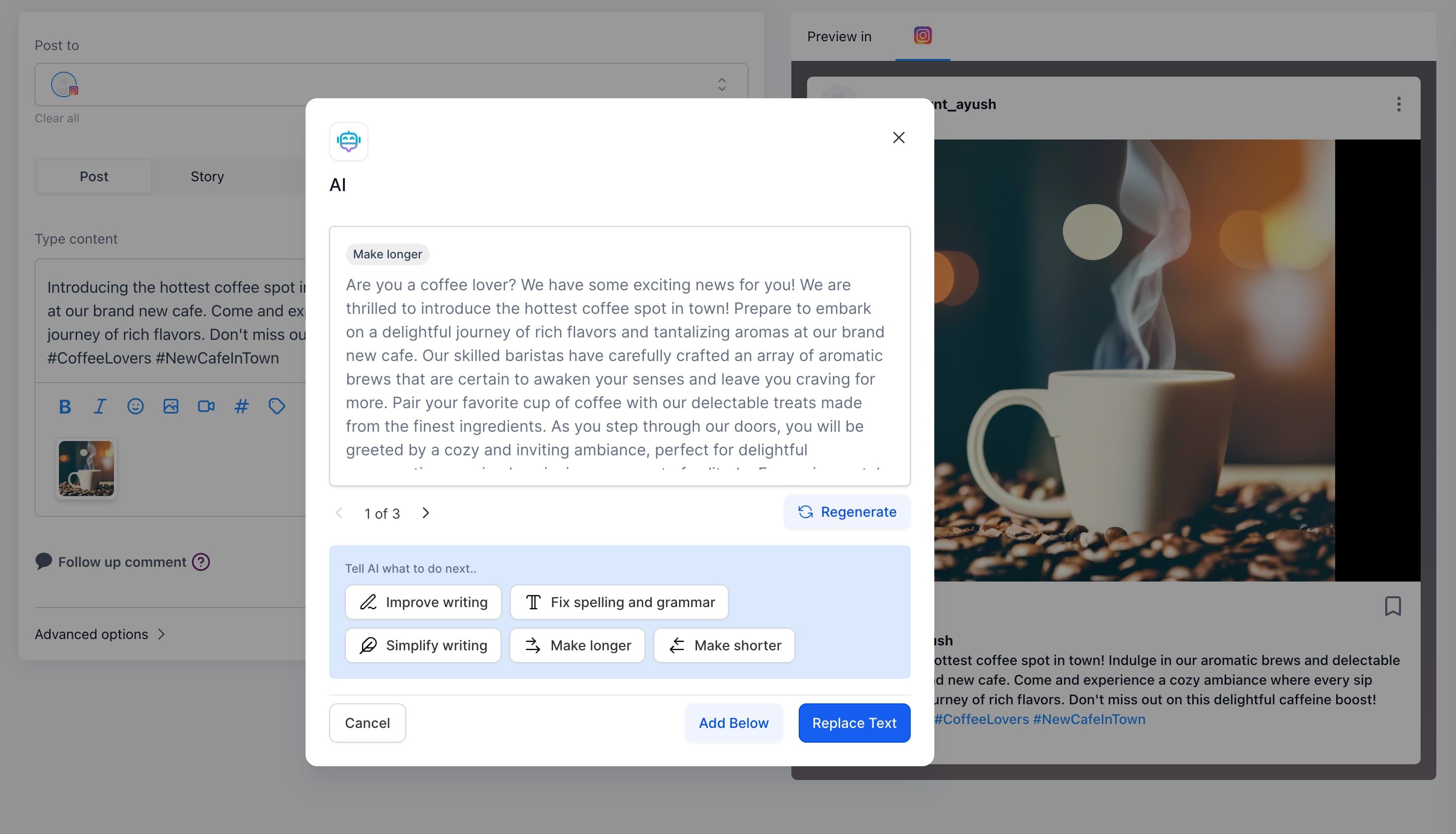 Schermata 6 — Come correggere grammatica e ortografia, allungare i contenuti e migliorare la scrittura nel Social Post?
