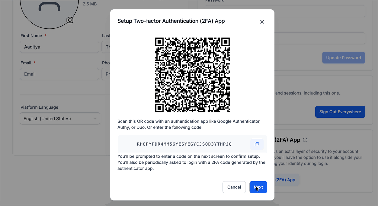 Schermata 2 — Supporto App Autenticatore per l'Autenticazione a Due Fattori (2FA)