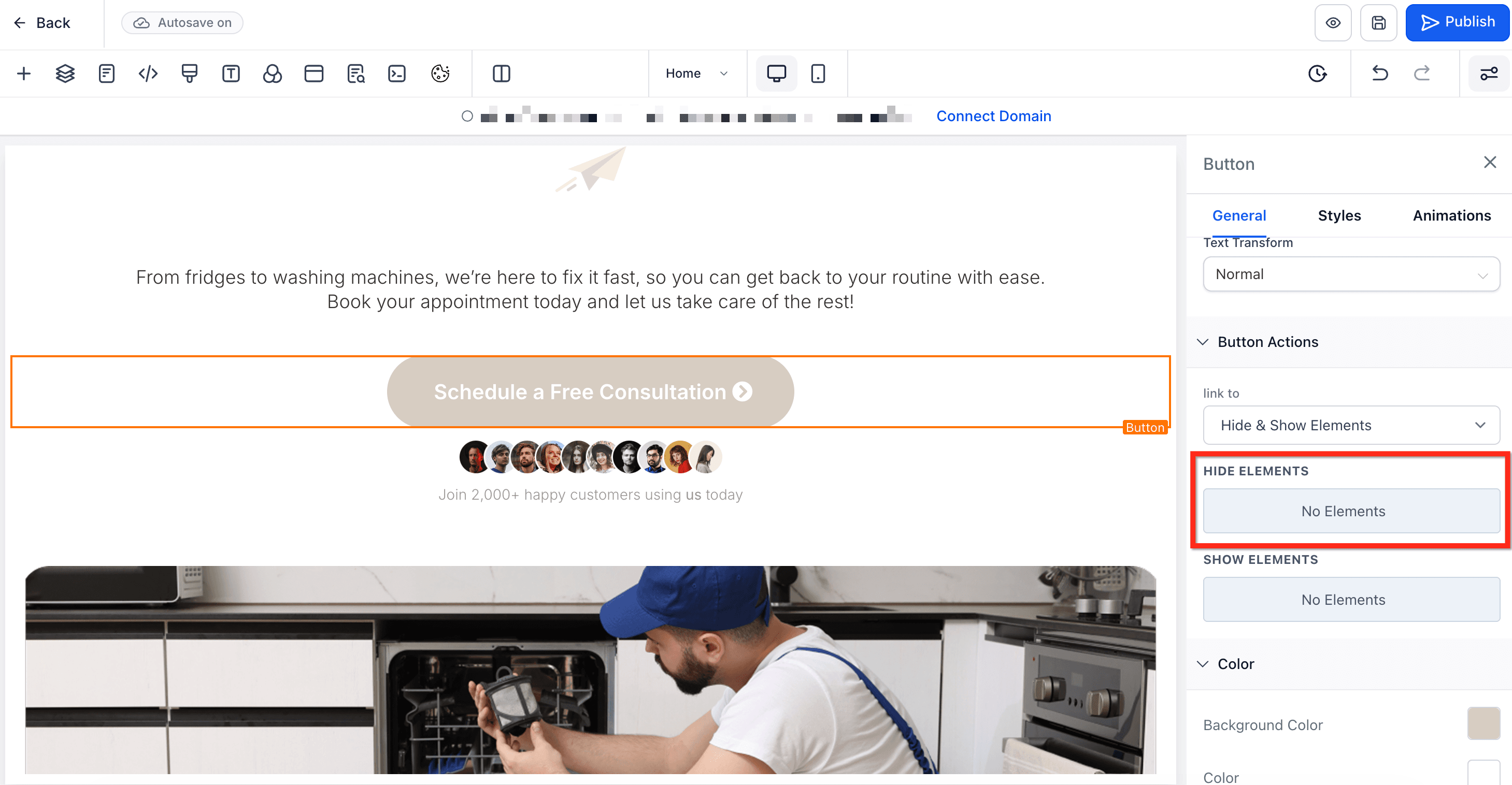 Schermata 4 — Nascondere e mostrare elementi al clic su un pulsante (Funnel e Siti Web)