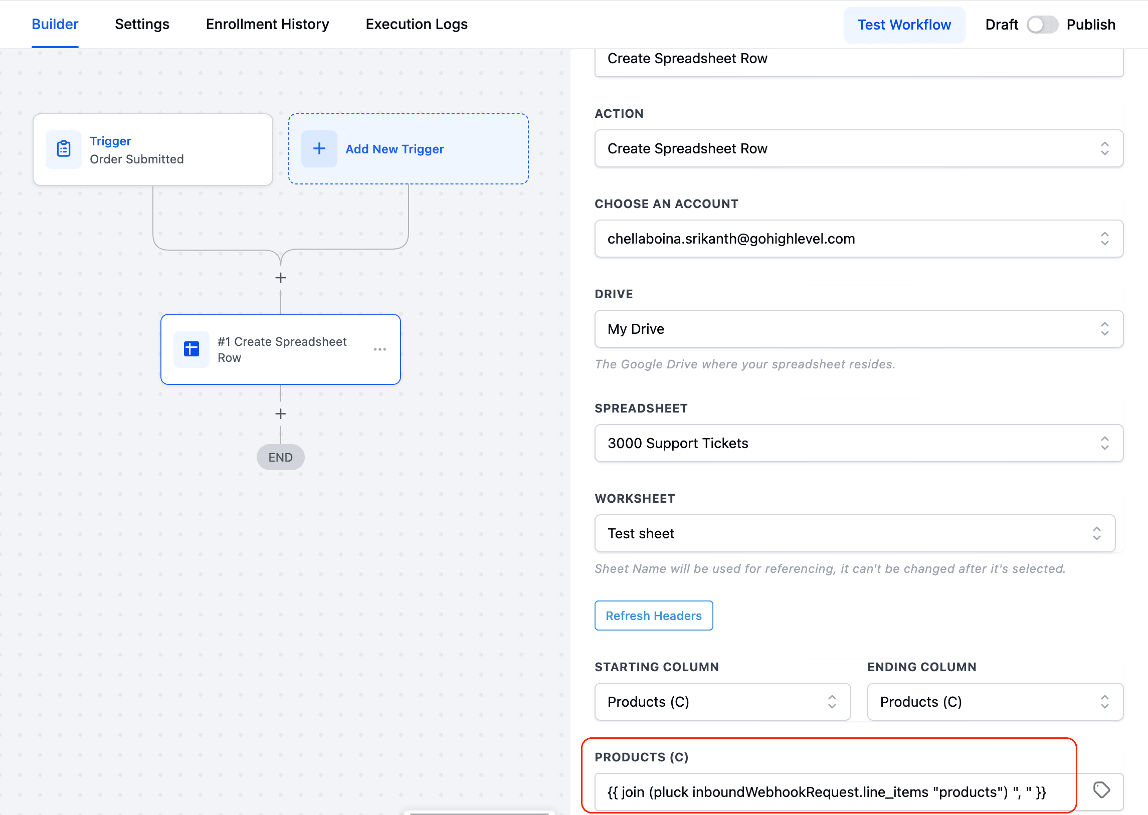 Schermata 1 — Come recuperare i dettagli dei prodotti acquistati dai clienti nei Workflow