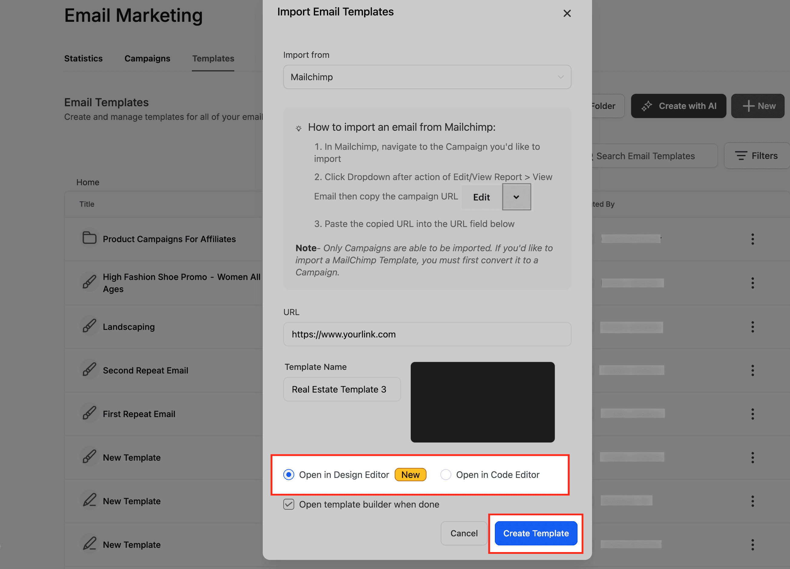 Schermata 6 — Importare e modificare template email Mailchimp nel Design Editor di HITLEAD