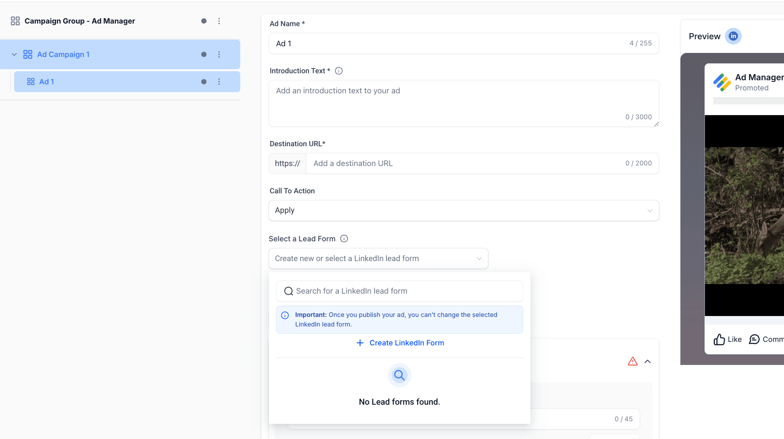 Schermata 1 — Come creare un LinkedIn lead form in Ad Manager