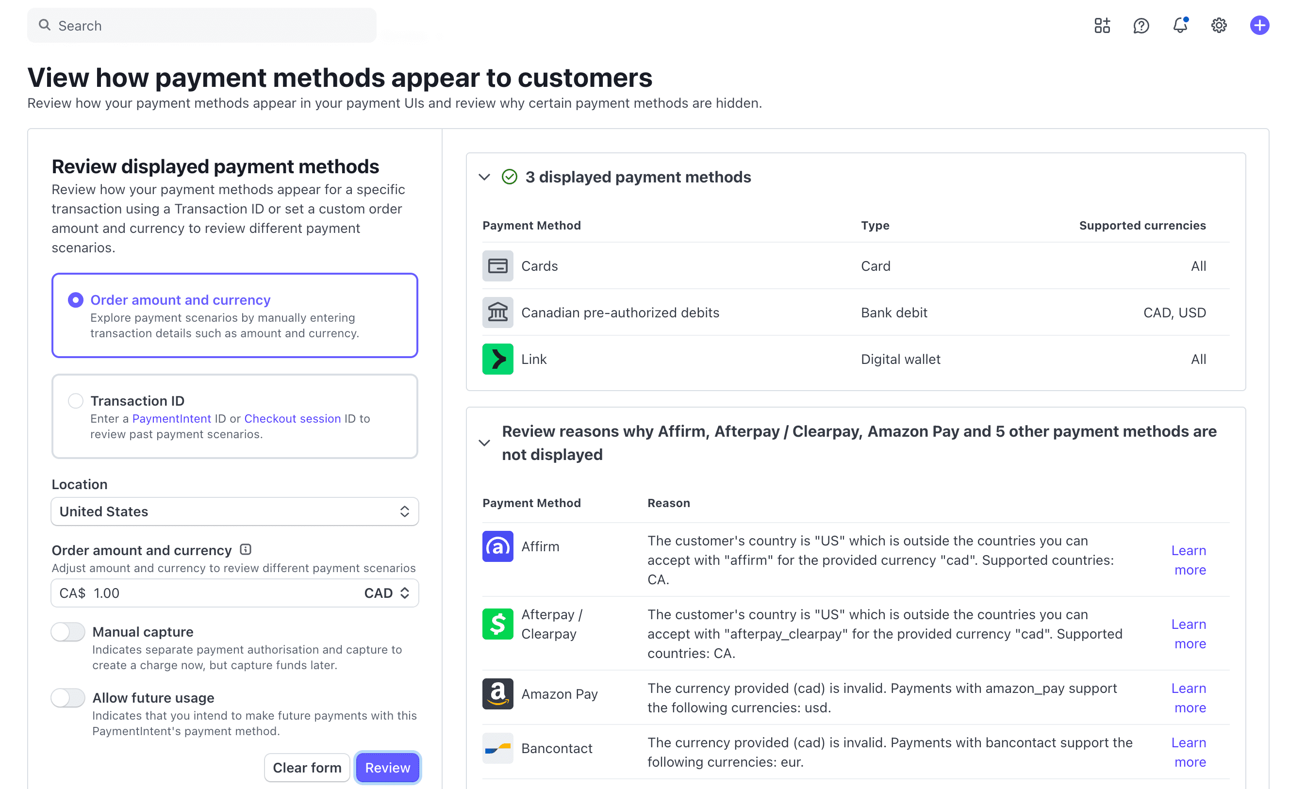 Schermata 1 — Metodi di pagamento mancanti nel checkout element di Stripe
