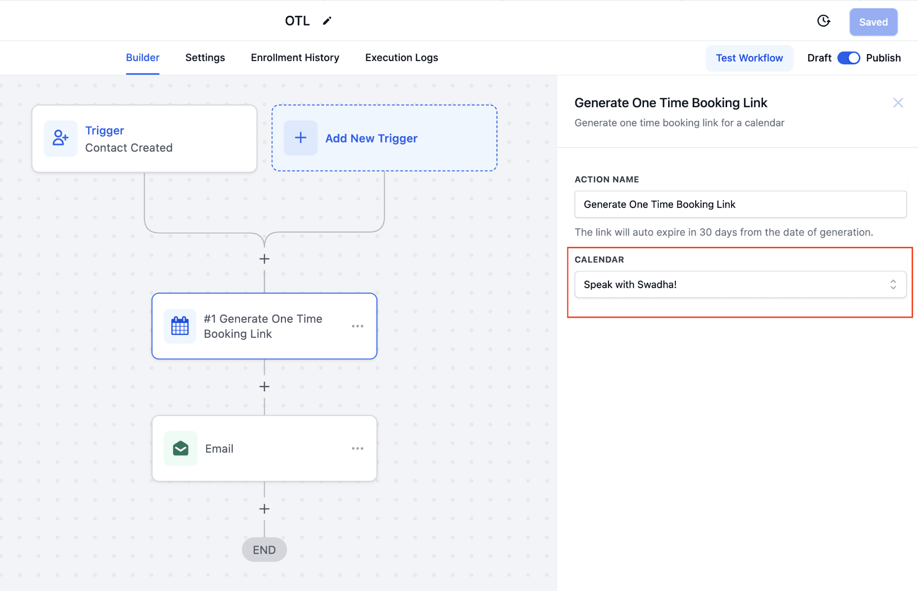 Schermata 3 — Azione Workflow - Genera Link di Prenotazione Monouso