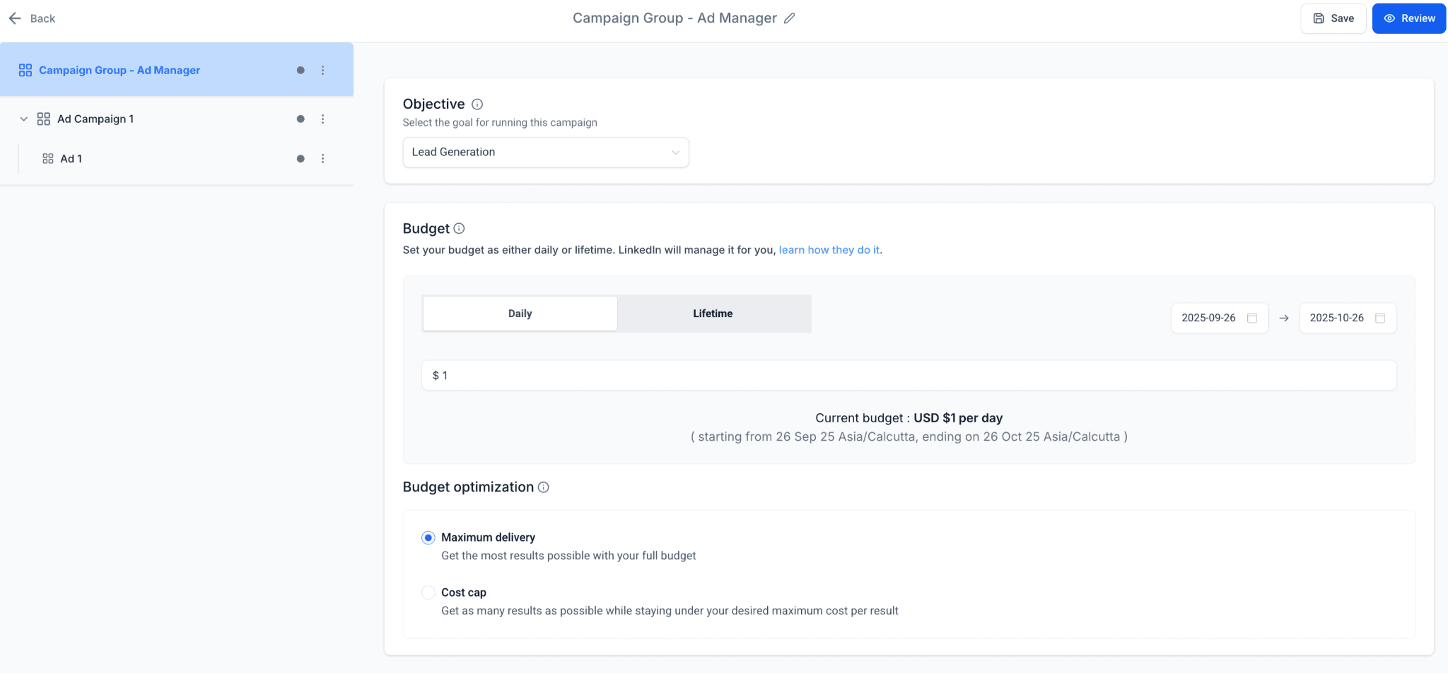 Schermata 2 — Come creare una campagna pubblicitaria LinkedIn in Ad Manager