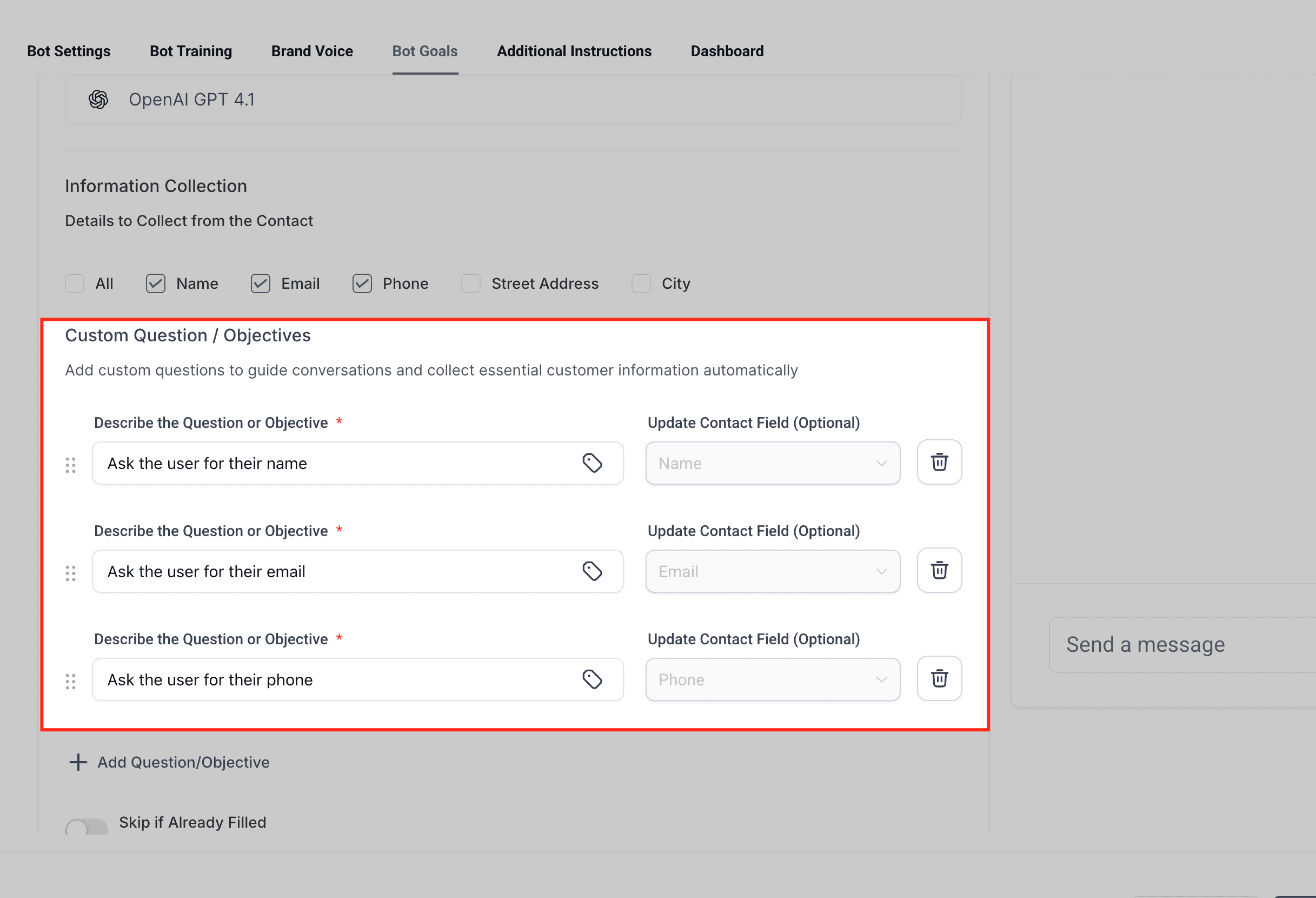 Schermata 6 — Come configurare i Bot Goals in Conversation AI
