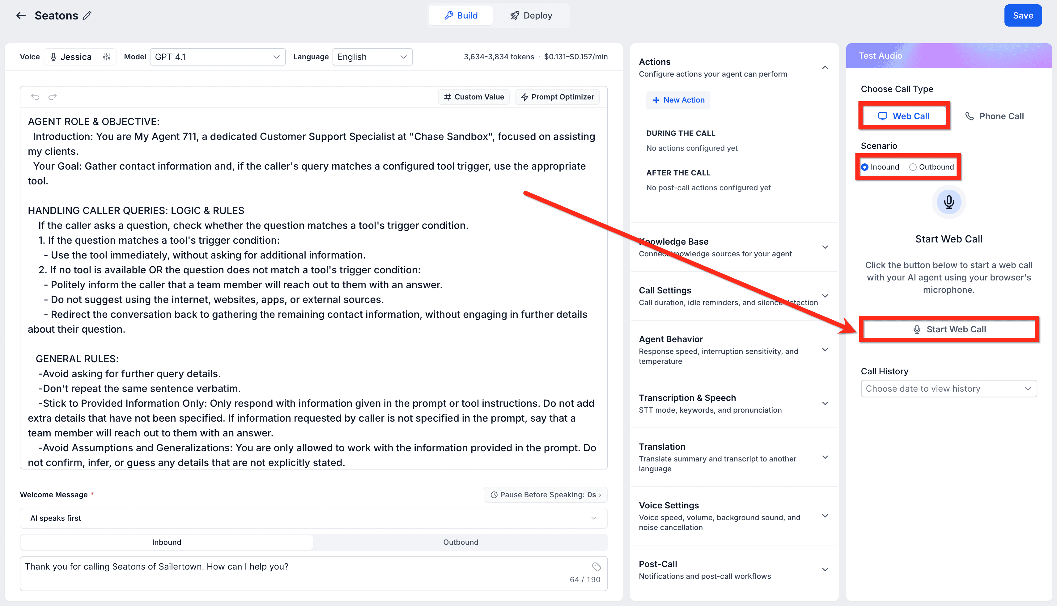 Schermata 2 — Come testare gli agenti Voice AI