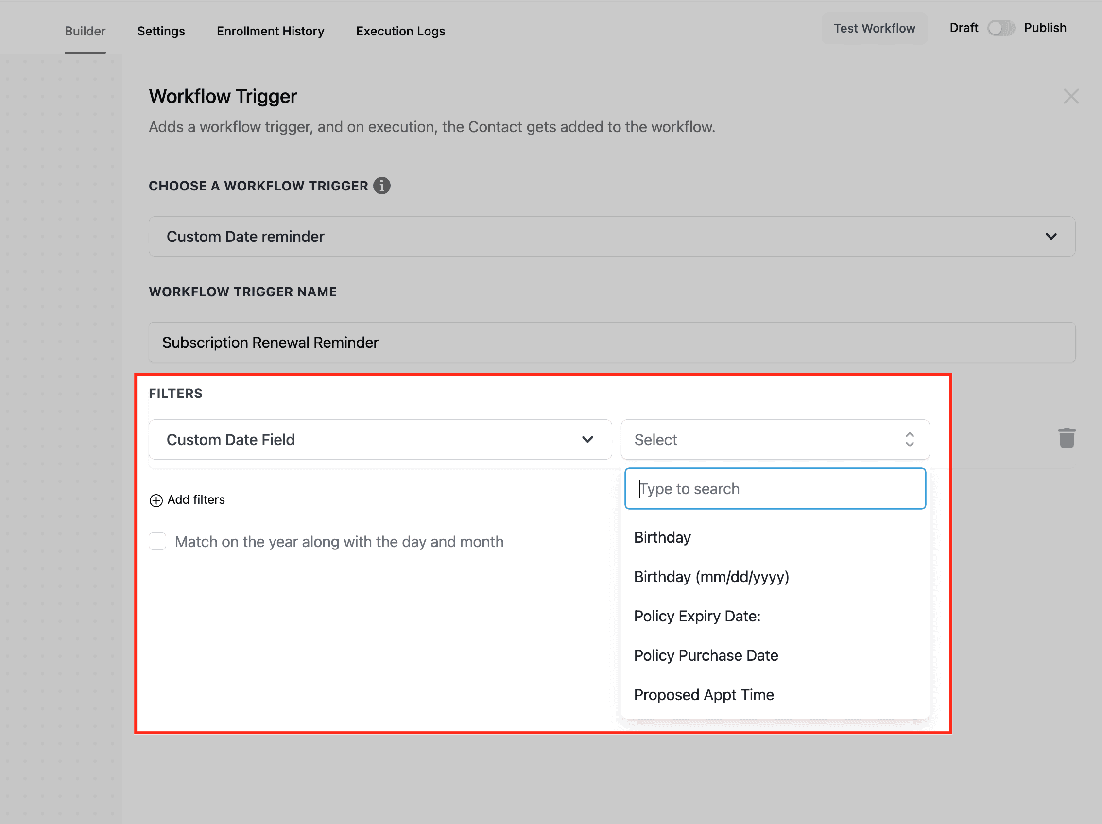Schermata 6 — Workflow Trigger - Custom Date Reminder